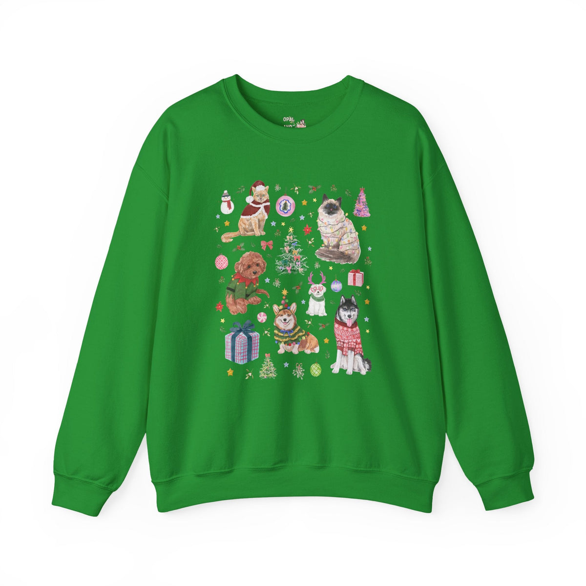 Maximalist Christmas Sweatshirt for Animal Lover with Kittens and Cats and Dogs, Funny Nostalgic Xmas Holiday Crewneck, Cute Kitschy Vibe - Opal and June