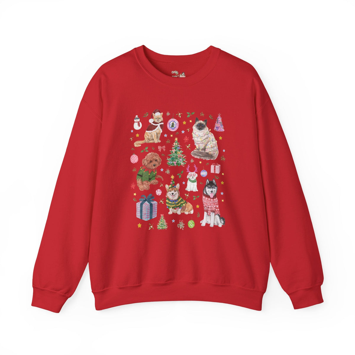 Maximalist Christmas Sweatshirt for Animal Lover with Kittens and Cats and Dogs, Funny Nostalgic Xmas Holiday Crewneck, Cute Kitschy Vibe - Opal and June