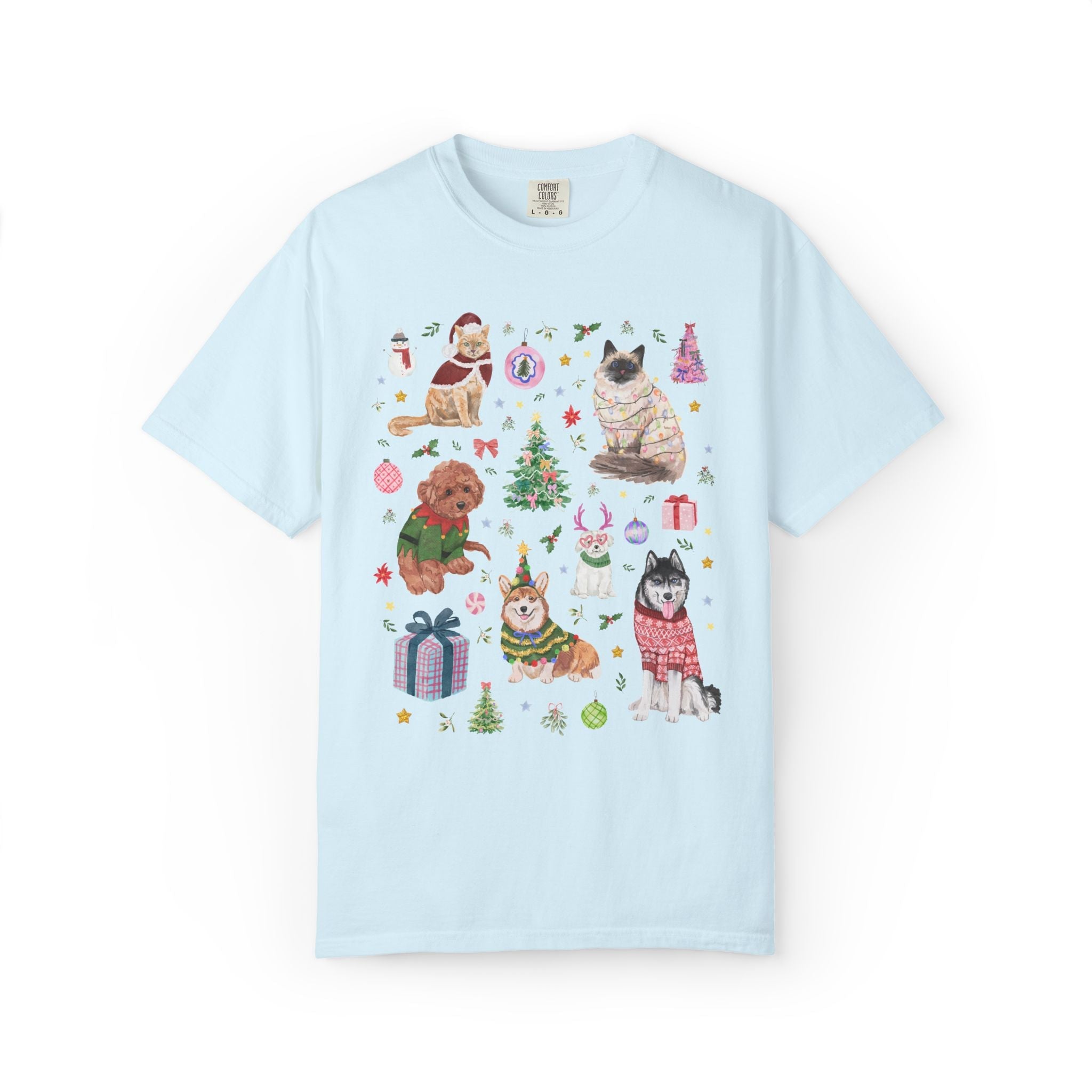 Maximalist Christmas Tee Shirt for Animal Lover with Kittens and Cats and Dogs, Funny Nostalgic Xmas Holiday T-Shirt, Cute Kitschy Vibe - Opal and June
