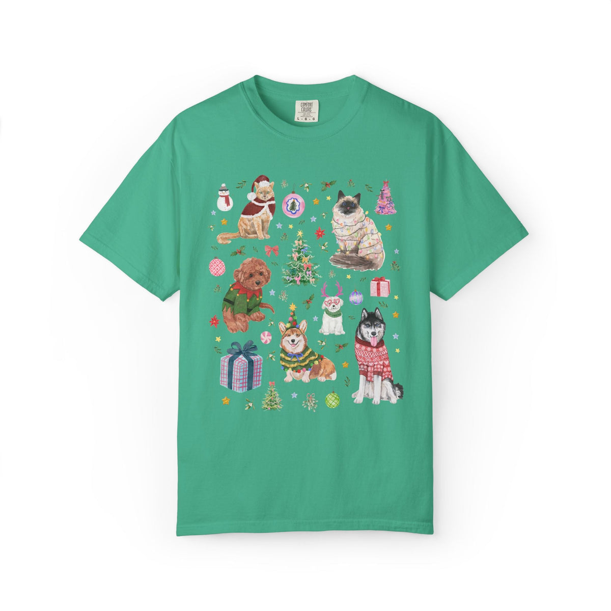Maximalist Christmas Tee Shirt for Animal Lover with Kittens and Cats and Dogs, Funny Nostalgic Xmas Holiday T-Shirt, Cute Kitschy Vibe - Opal and June