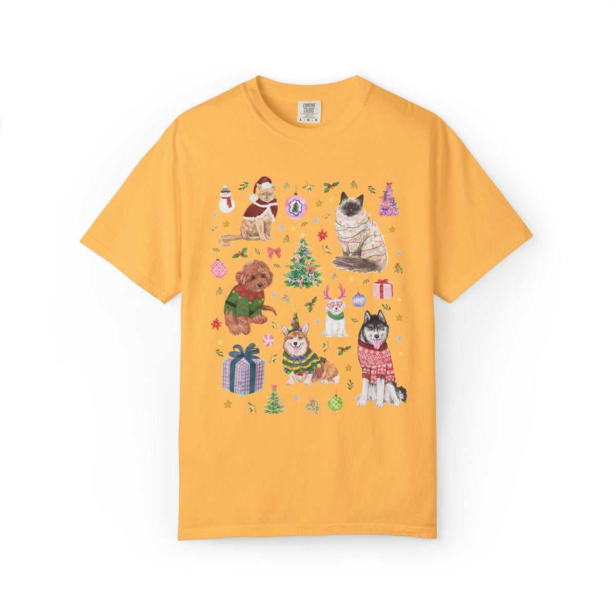 Maximalist Christmas Tee Shirt for Animal Lover with Kittens and Cats and Dogs, Funny Nostalgic Xmas Holiday T-Shirt, Cute Kitschy Vibe - Opal and June