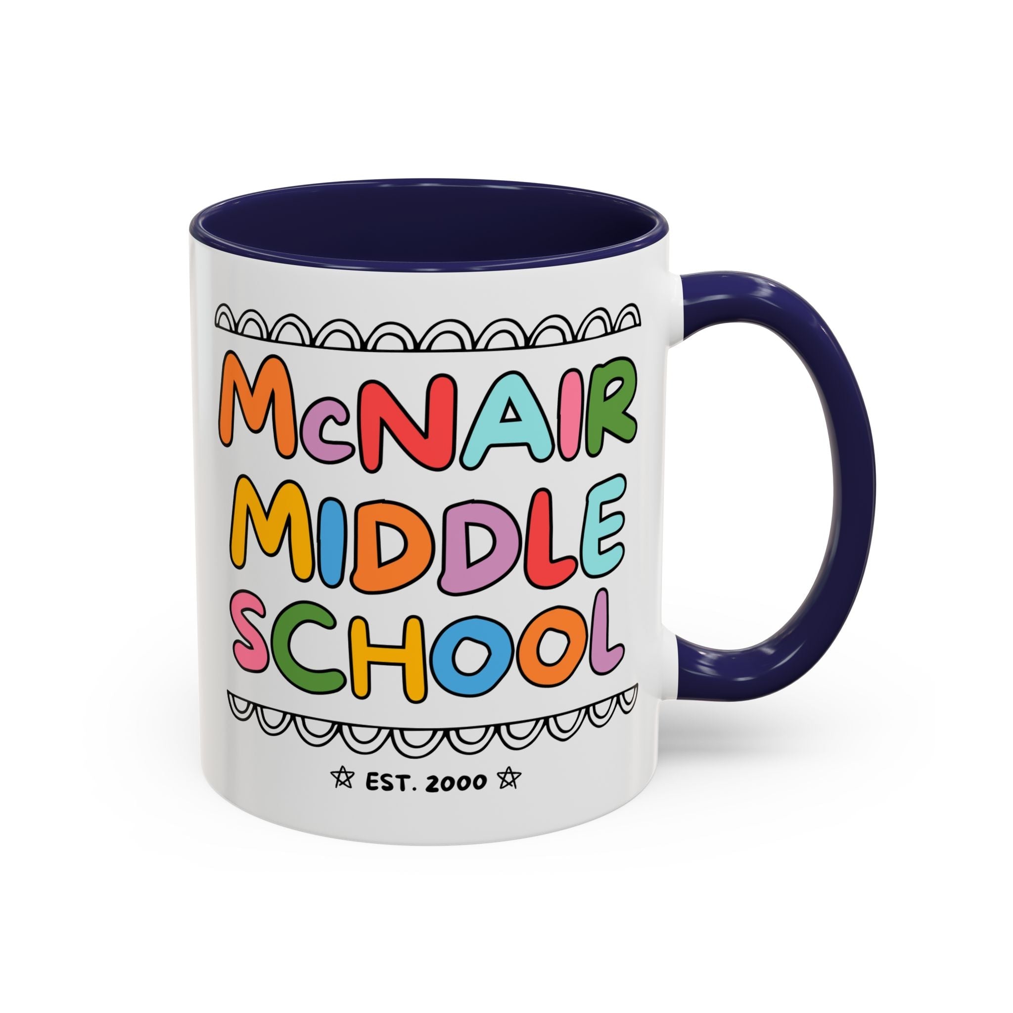 McNair Middle School 11 Oz Coffee Mug: Rainbow Letters | FPS + Opal and June Coffee Mug, Fayetteville Public Schools - Opal and June