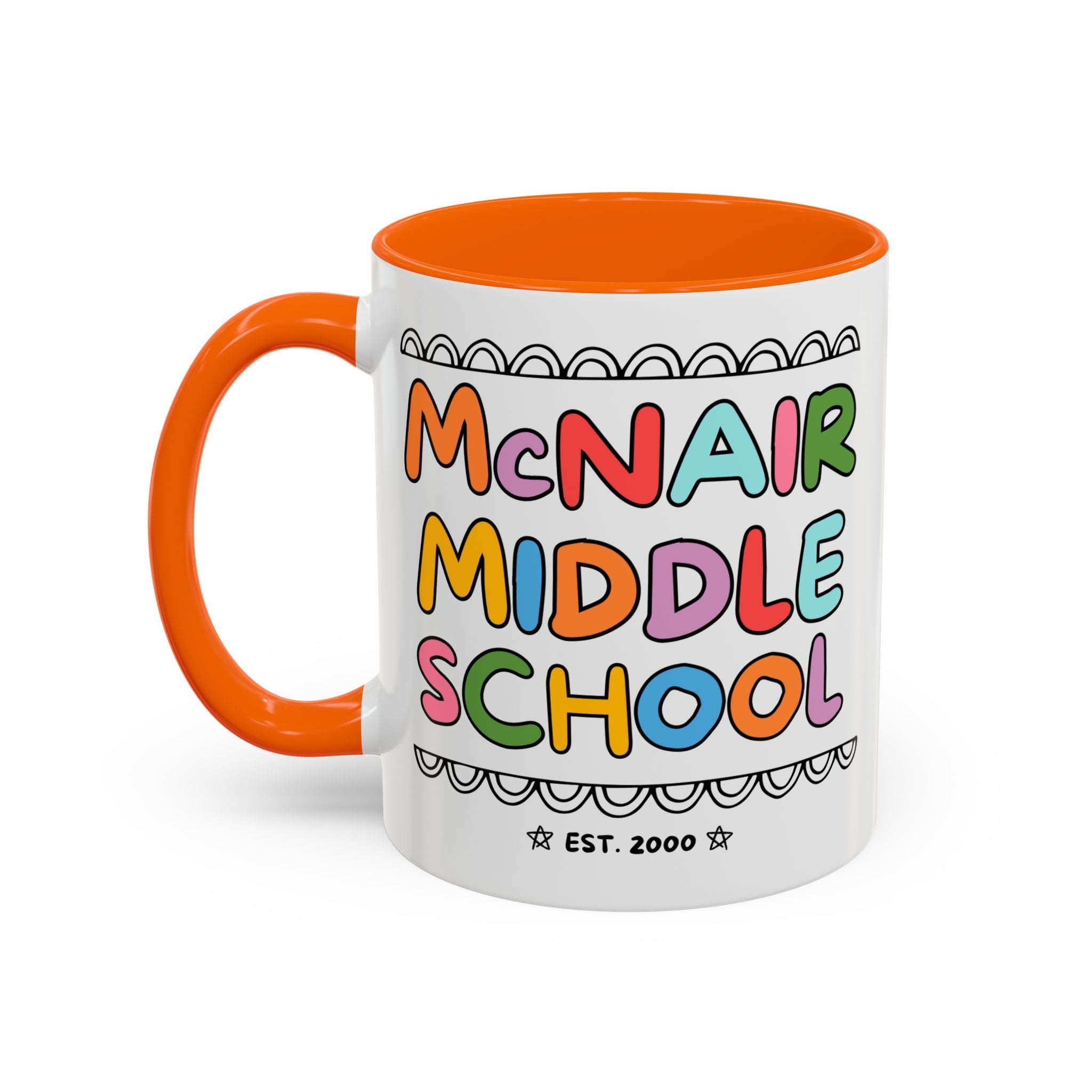 McNair Middle School 11 Oz Coffee Mug: Rainbow Letters | FPS + Opal and June Coffee Mug, Fayetteville Public Schools - Opal and June