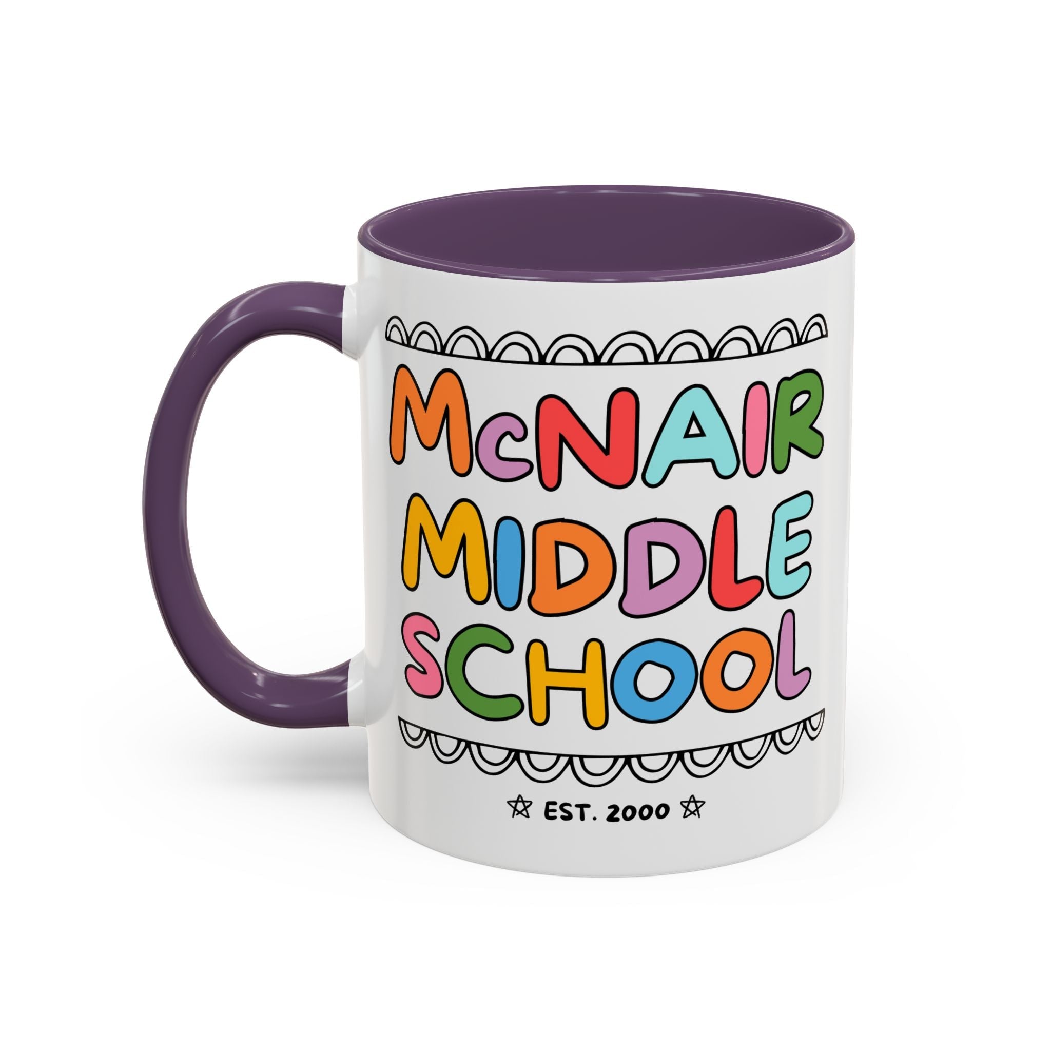 McNair Middle School 11 Oz Coffee Mug: Rainbow Letters | FPS + Opal and June Coffee Mug, Fayetteville Public Schools - Opal and June