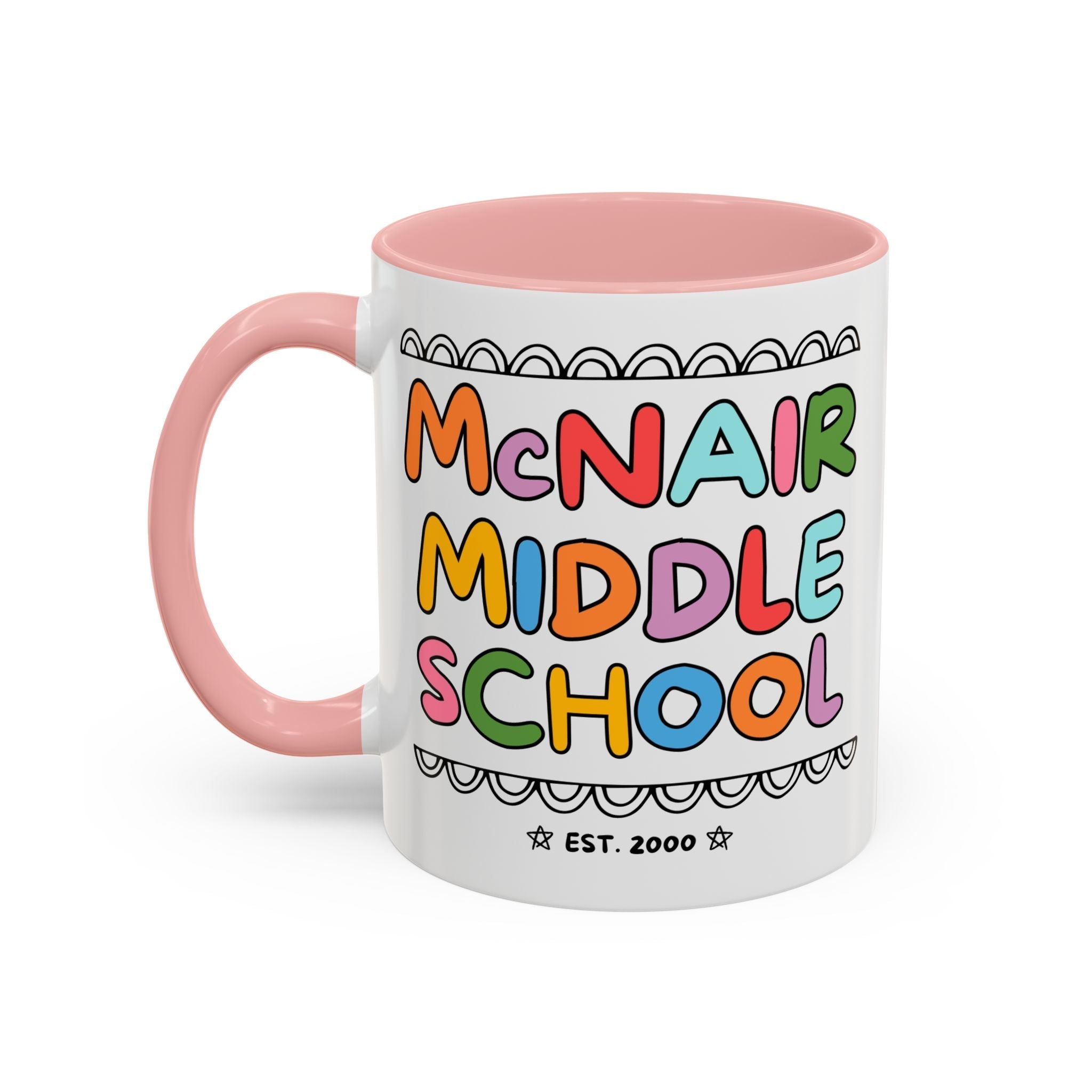 McNair Middle School 11 Oz Coffee Mug: Rainbow Letters | FPS + Opal and June Coffee Mug, Fayetteville Public Schools - Opal and June
