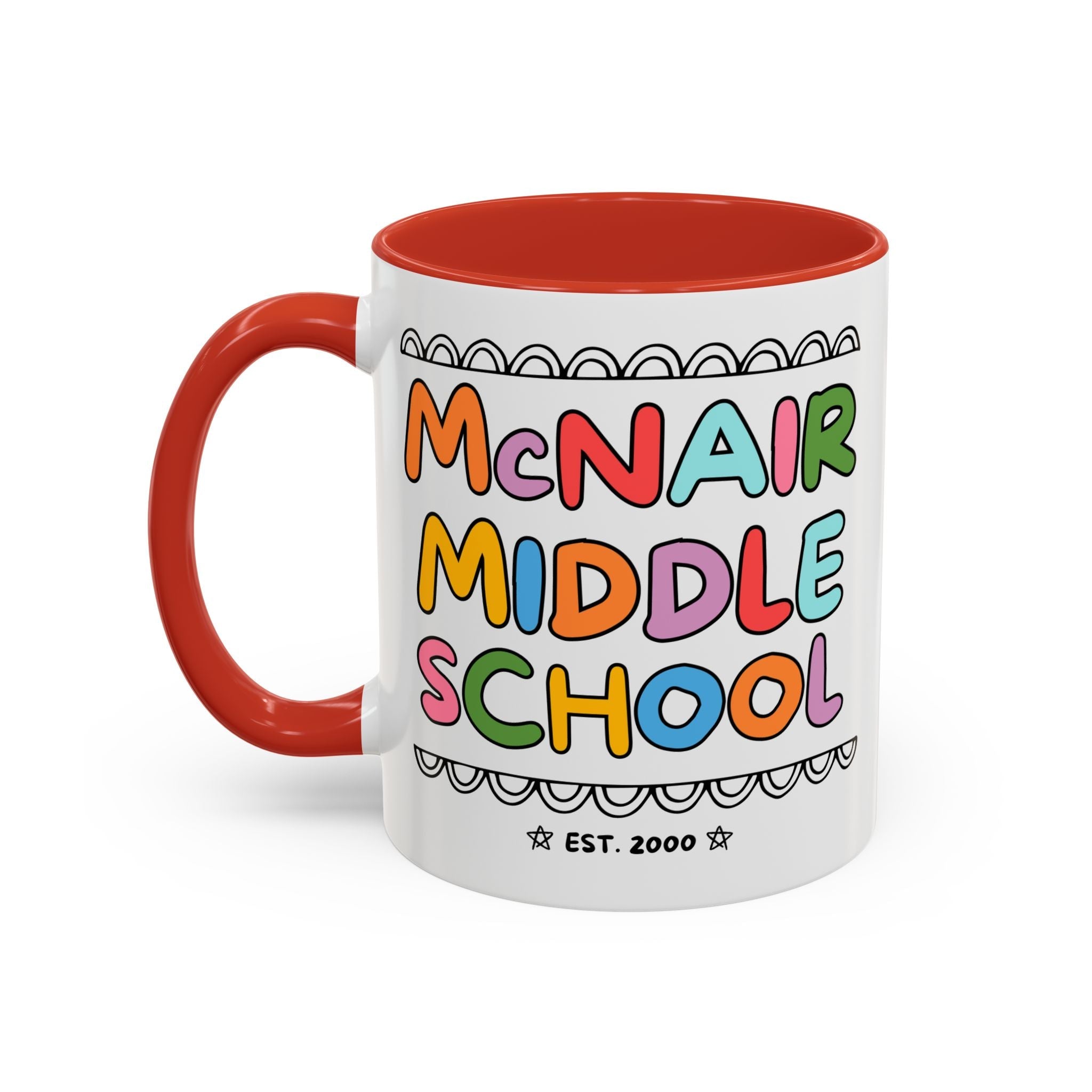 McNair Middle School 11 Oz Coffee Mug: Rainbow Letters | FPS + Opal and June Coffee Mug, Fayetteville Public Schools - Opal and June