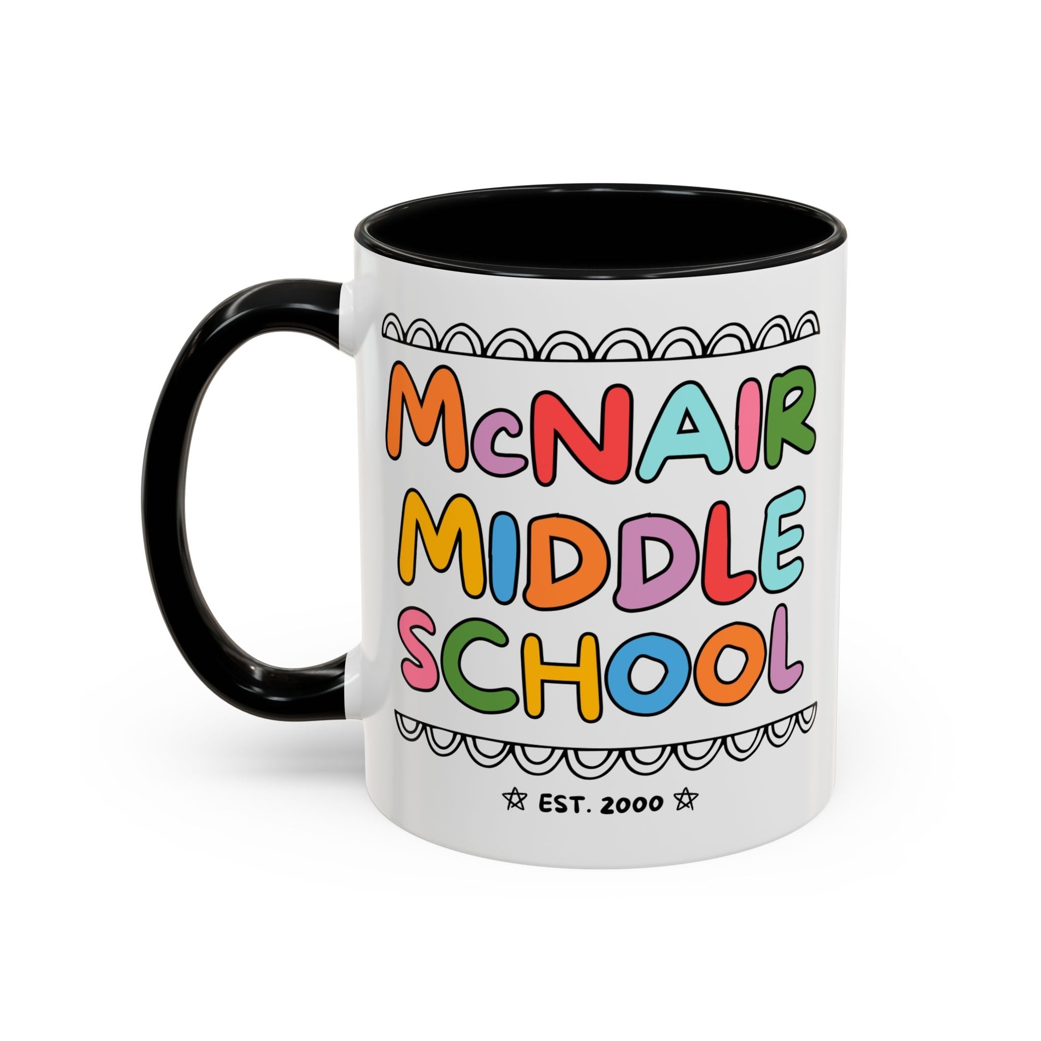 McNair Middle School 11 Oz Coffee Mug: Rainbow Letters | FPS + Opal and June Coffee Mug, Fayetteville Public Schools - Opal and June