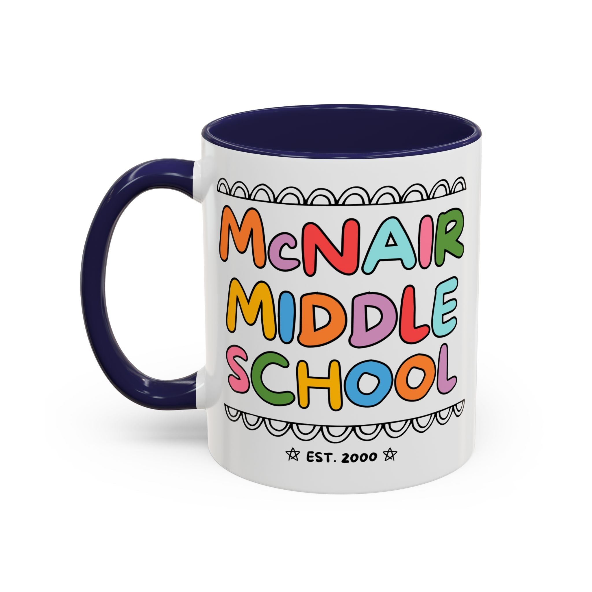 McNair Middle School 11 Oz Coffee Mug: Rainbow Letters | FPS + Opal and June Coffee Mug, Fayetteville Public Schools - Opal and June