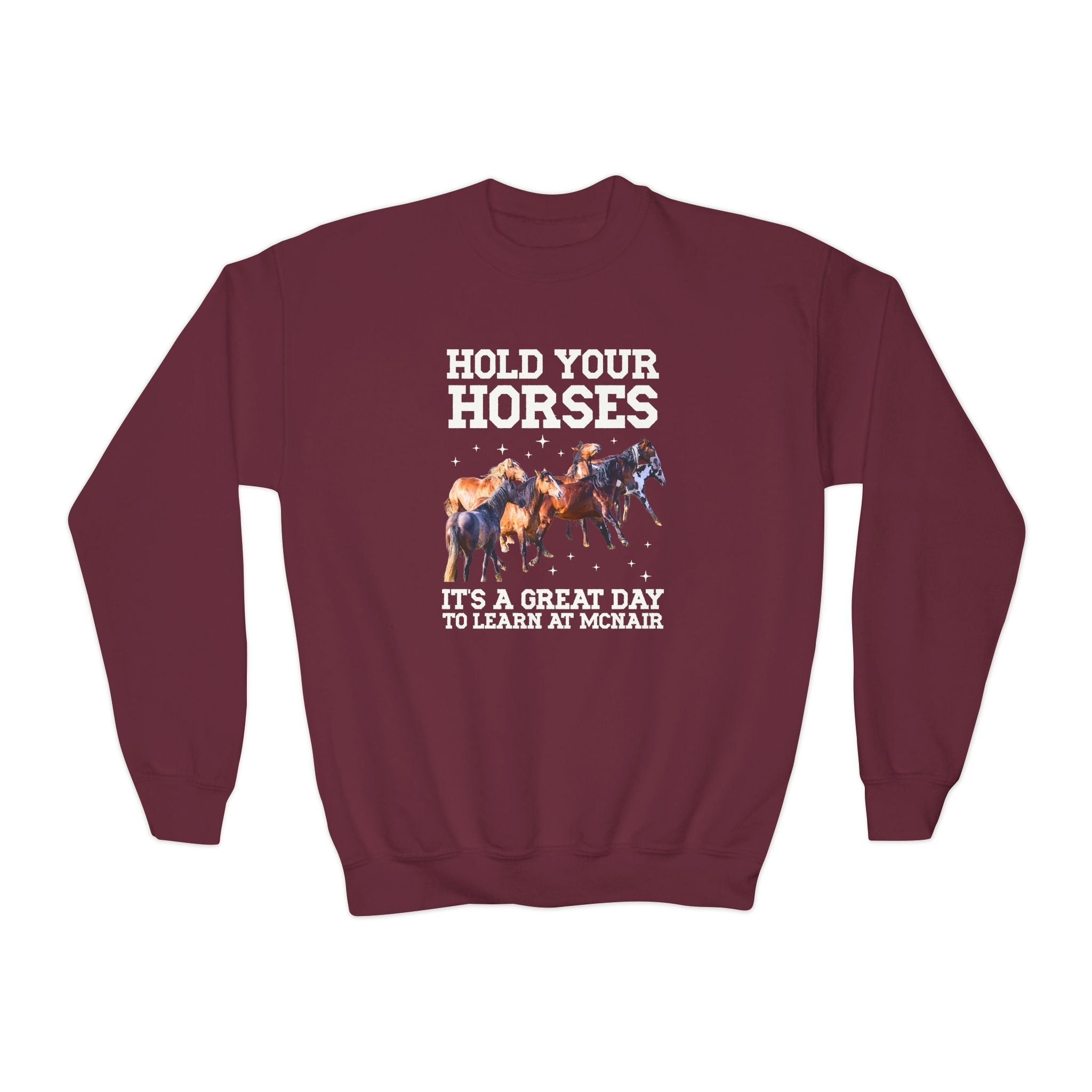 McNair Middle School Kids Sweatshirt: Hold Your Horses | FPS + Opal and June Kids Sweatshirt, Fayetteville Public Schools - Opal and June