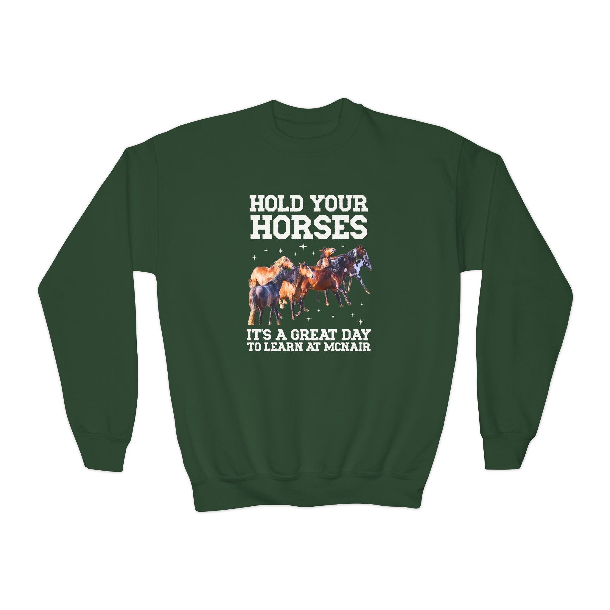 McNair Middle School Kids Sweatshirt: Hold Your Horses | FPS + Opal and June Kids Sweatshirt, Fayetteville Public Schools - Opal and June
