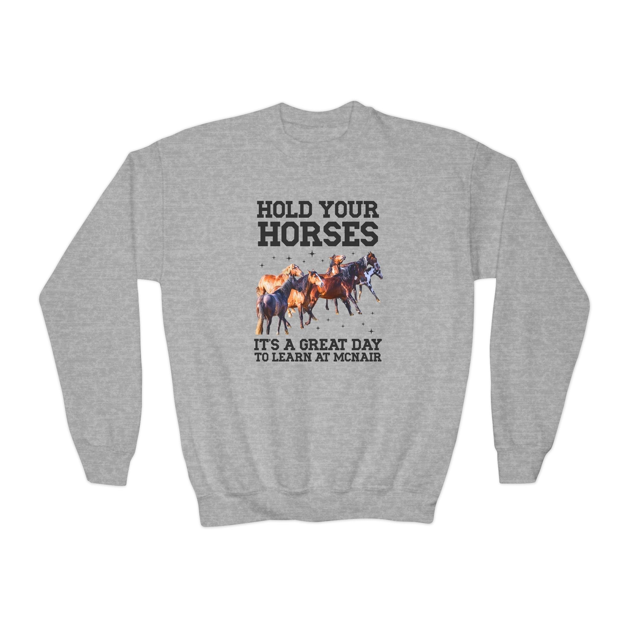 McNair Middle School Kids Sweatshirt: Hold Your Horses | FPS + Opal and June Kids Sweatshirt, Fayetteville Public Schools - Opal and June