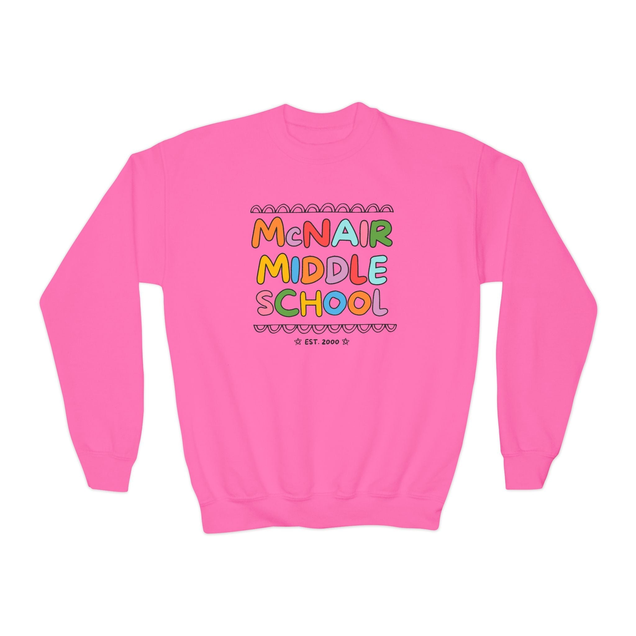 McNair Middle School Kids Sweatshirt: Rainbow Letters | FPS + Opal and June Kids Sweatshirt, Fayetteville Public Schools - Opal and June
