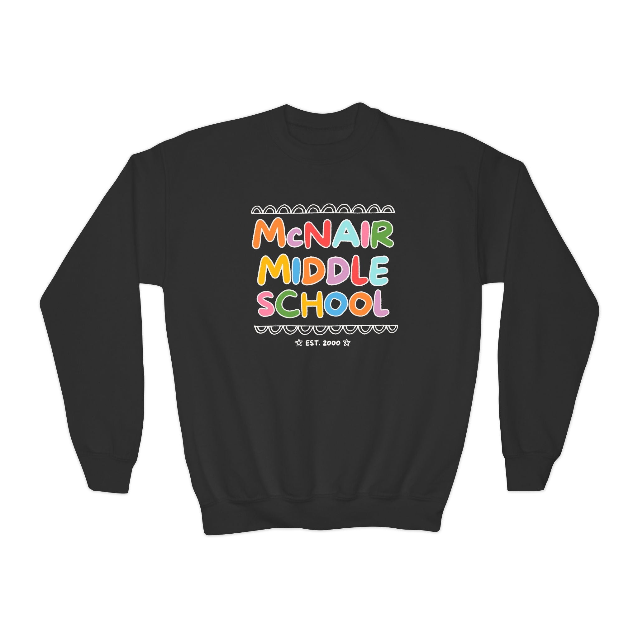 McNair Middle School Kids Sweatshirt: Rainbow Letters | FPS + Opal and June Kids Sweatshirt, Fayetteville Public Schools - Opal and June