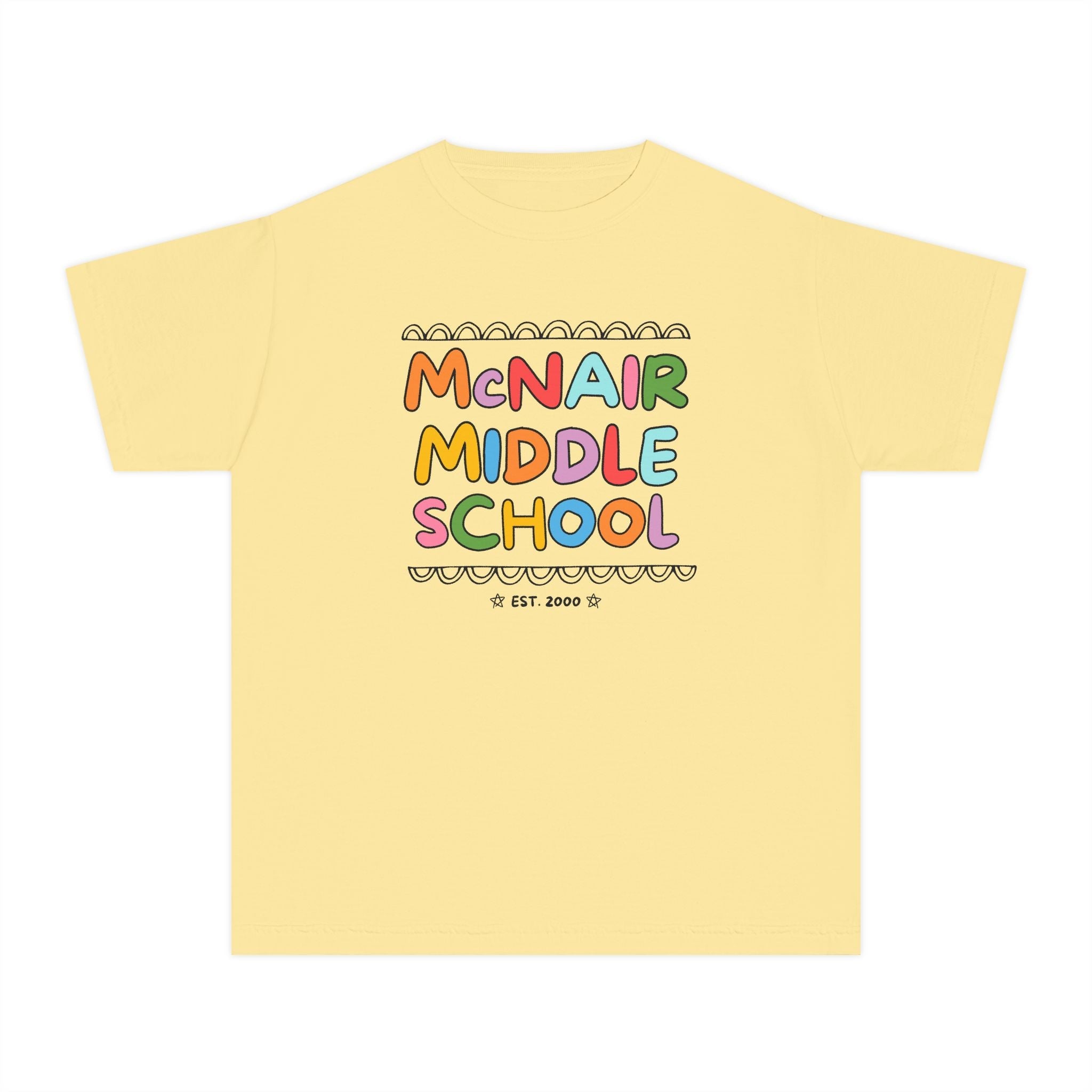 McNair Middle School Kids Tee Shirt: Rainbow Letters | FPS + Opal and June Kids Tee Shirt, Fayetteville Public Schools - Opal and June