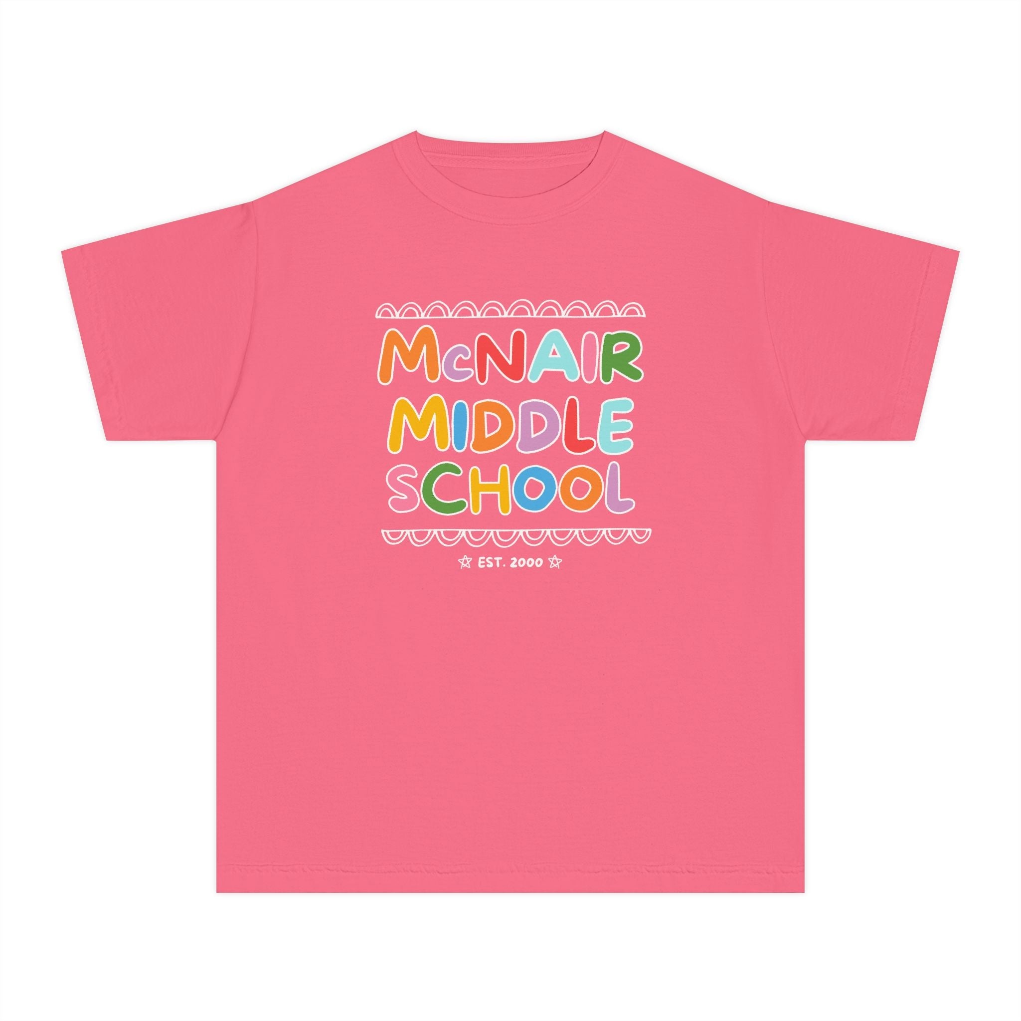 McNair Middle School Kids Tee Shirt: Rainbow Letters | FPS + Opal and June Kids Tee Shirt, Fayetteville Public Schools - Opal and June