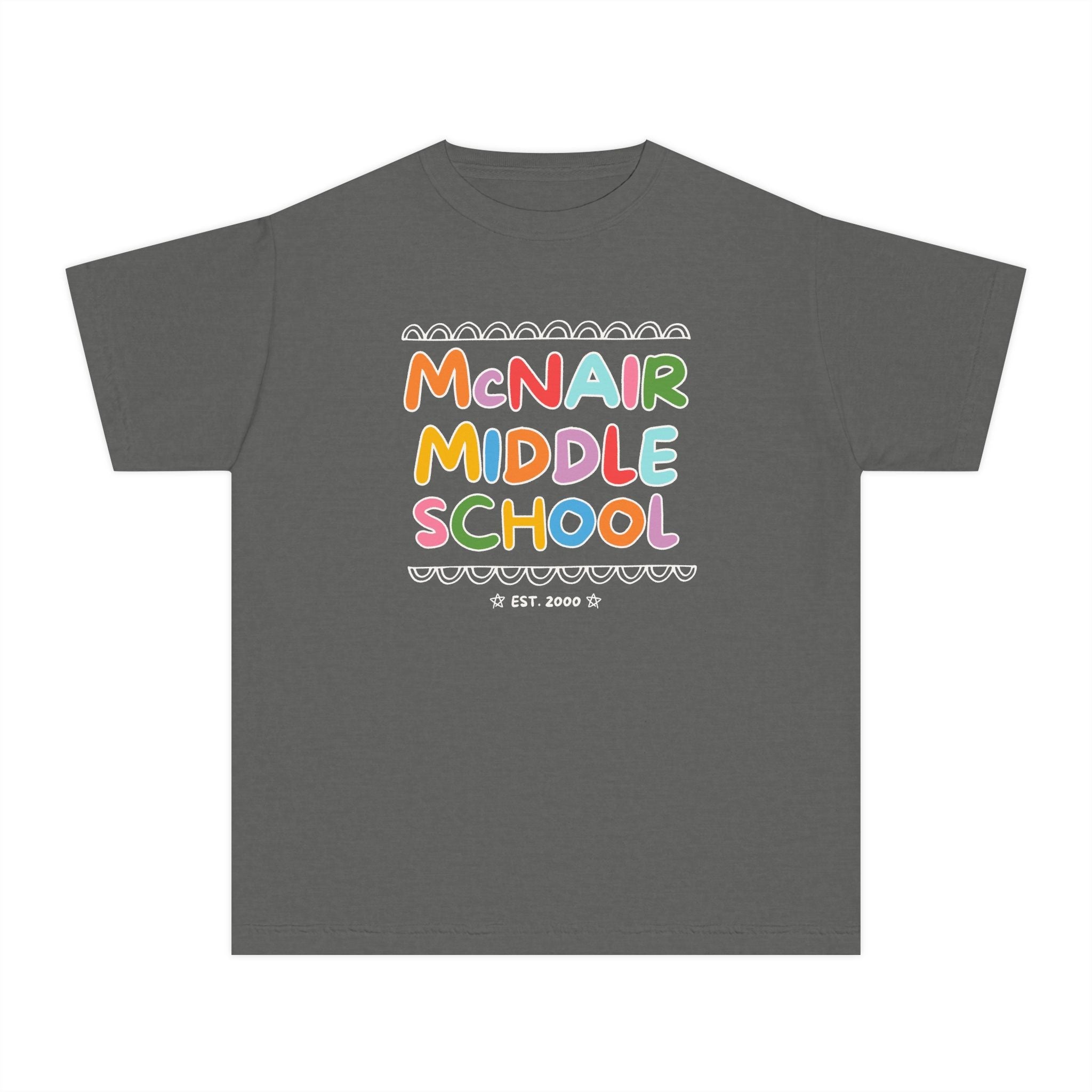 McNair Middle School Kids Tee Shirt: Rainbow Letters | FPS + Opal and June Kids Tee Shirt, Fayetteville Public Schools - Opal and June