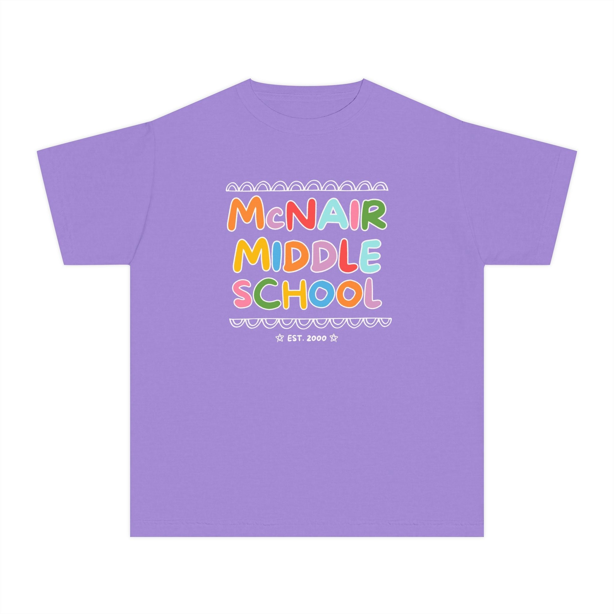 McNair Middle School Kids Tee Shirt: Rainbow Letters | FPS + Opal and June Kids Tee Shirt, Fayetteville Public Schools - Opal and June