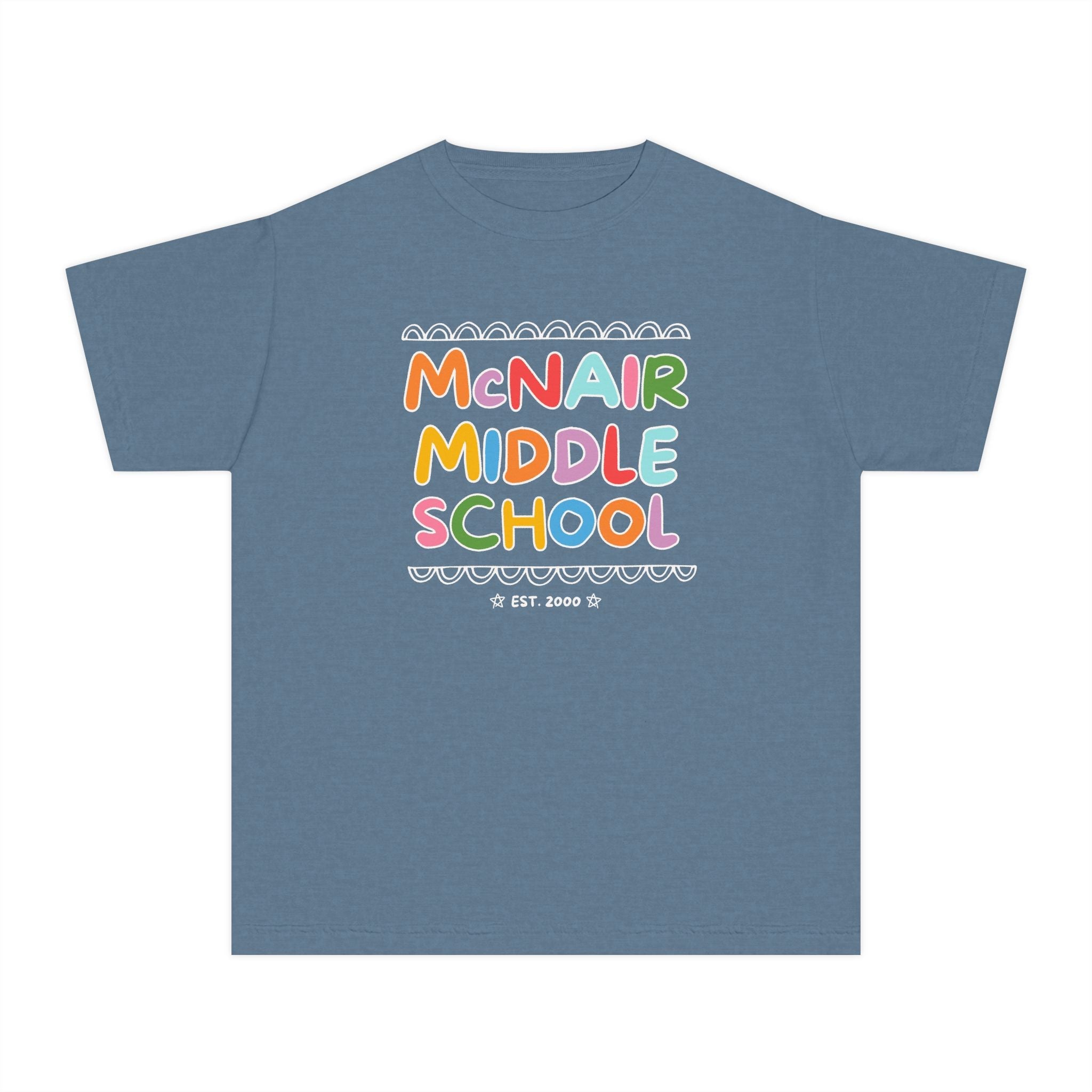 McNair Middle School Kids Tee Shirt: Rainbow Letters | FPS + Opal and June Kids Tee Shirt, Fayetteville Public Schools - Opal and June