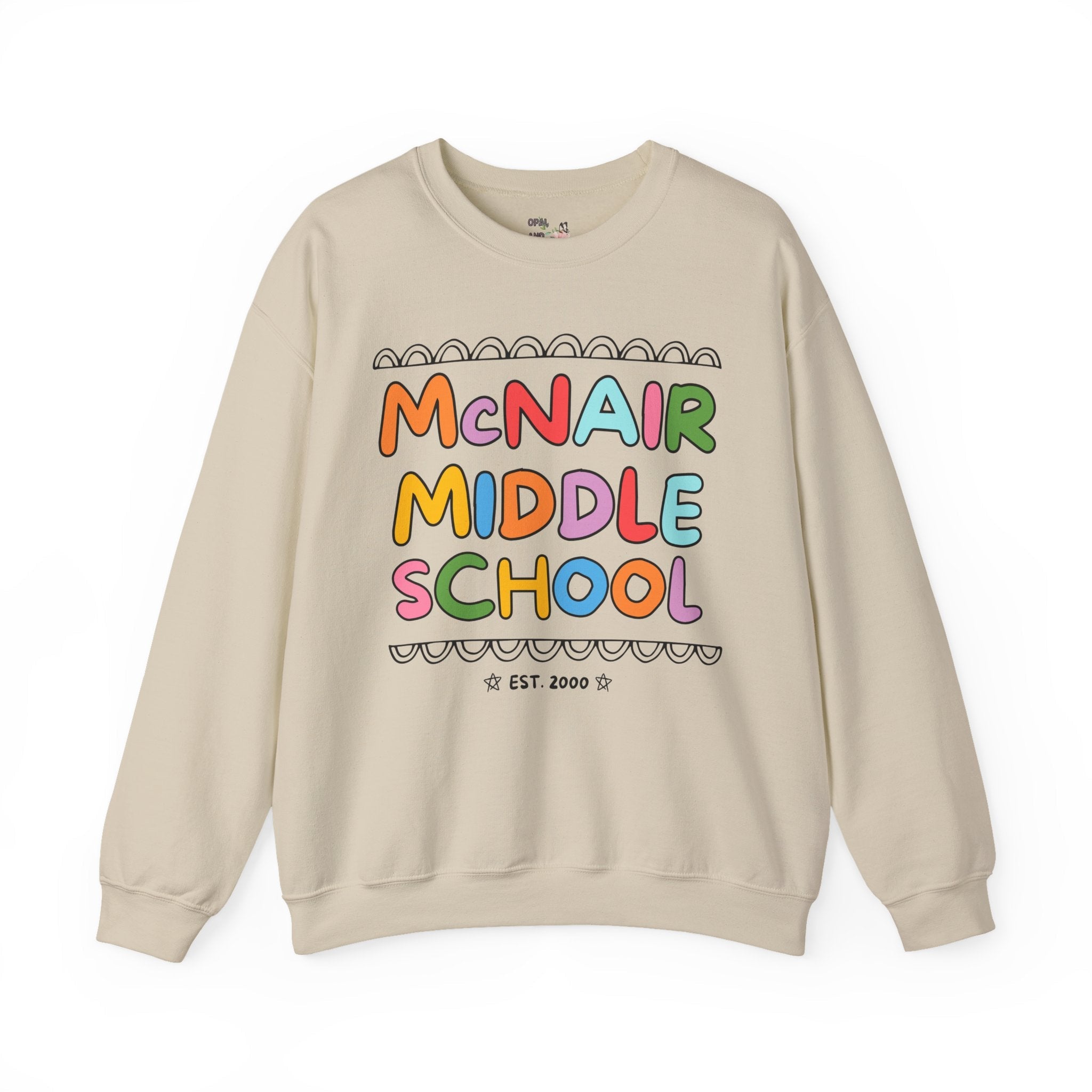 McNair Middle School Sweatshirt: Rainbow Letters | FPS + Opal and June Sweatshirt, Fayetteville Public Schools - Opal and June