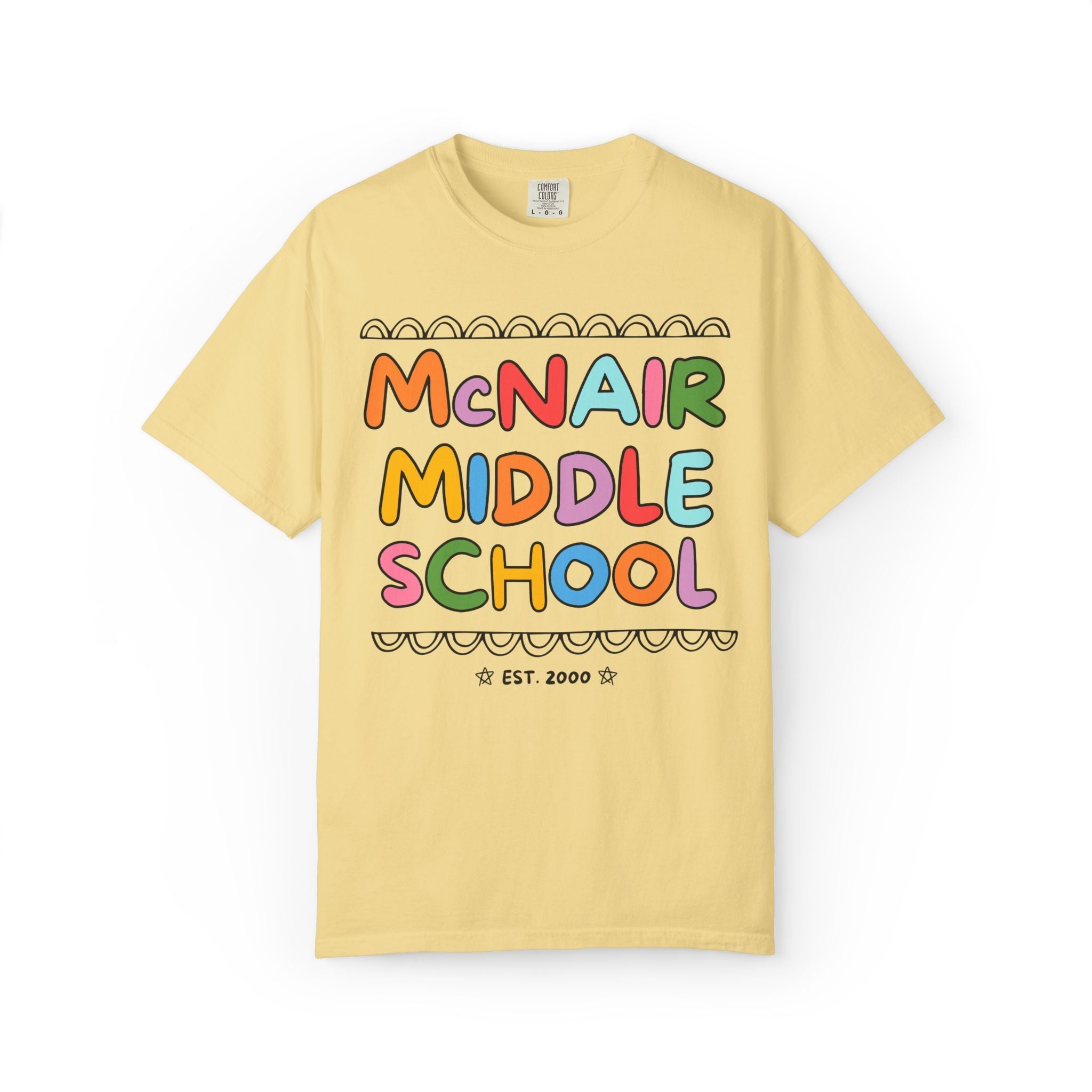 McNair Middle School Tee Shirt: Rainbow Letters | FPS + Opal and June Tee Shirt, Fayetteville Public Schools - Opal and June