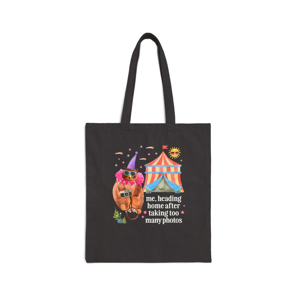 Me, Heading Home After Taking Too Many Photos: Funny Dreamcore Circus Bear Tote Bag with Animal Holding a Camera, Photographer Gift - Opal and June