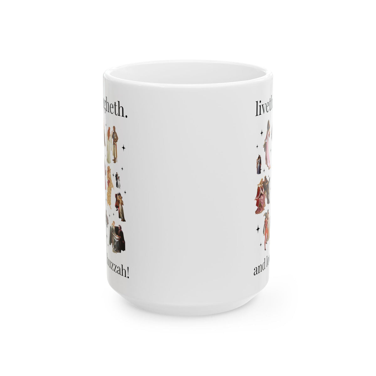 Medieval Bachelorette Party 15 Oz Coffee Mug with Famous Paintings of Medieval Couples and Princesses: Liveth Laughter and Loveth, Huzzah! - Opal and June
