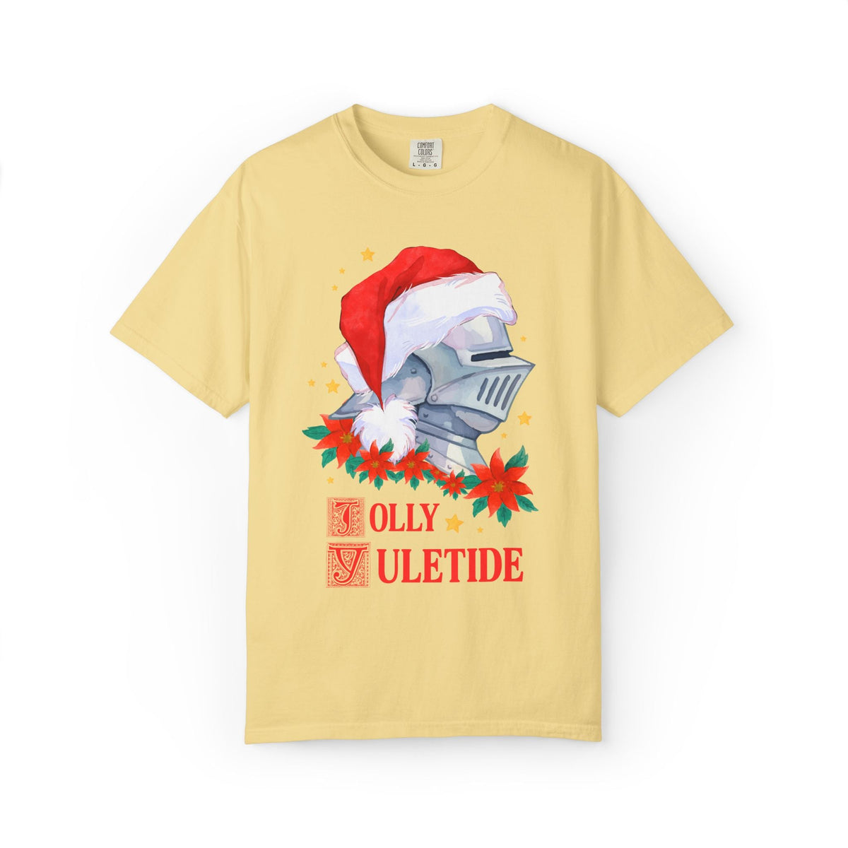 Medieval Christmas Tee Shirt with Knight Wearing a Santa Hat: Jolly Yuletide Silly History Lover T-Shirt, Funny Middle Ages Holiday T-Shirt - Opal and June