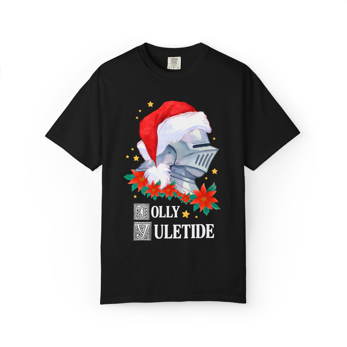 Medieval Christmas Tee Shirt with Knight Wearing a Santa Hat: Jolly Yuletide Silly History Lover T-Shirt, Funny Middle Ages Holiday T-Shirt - Opal and June