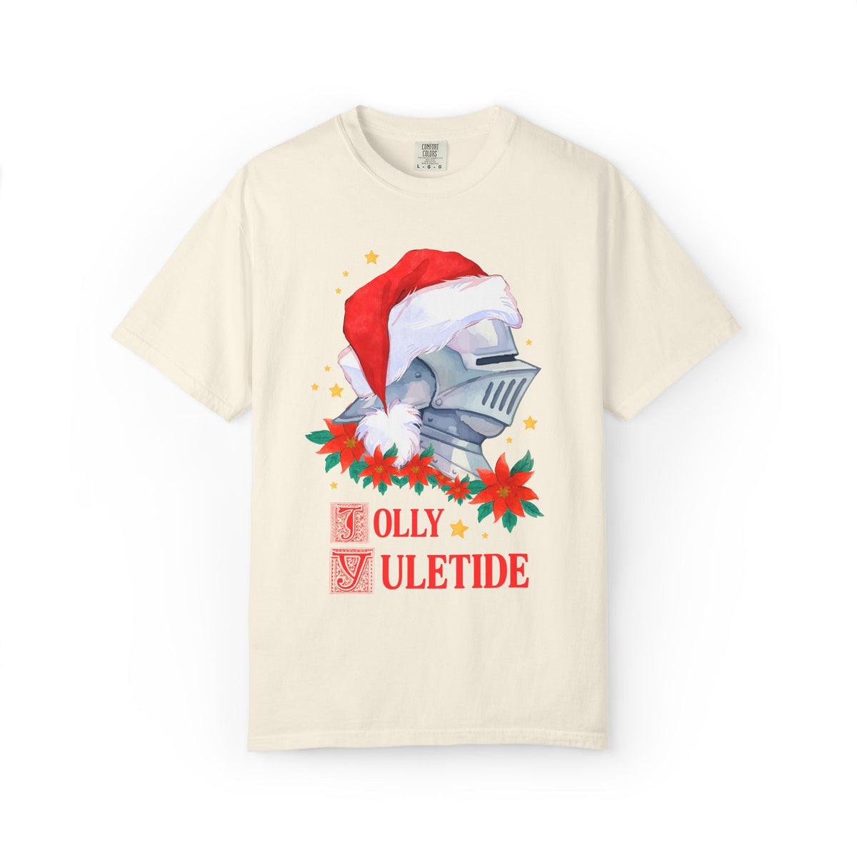 Medieval Christmas Tee Shirt with Knight Wearing a Santa Hat: Jolly Yuletide Silly History Lover T-Shirt, Funny Middle Ages Holiday T-Shirt - Opal and June