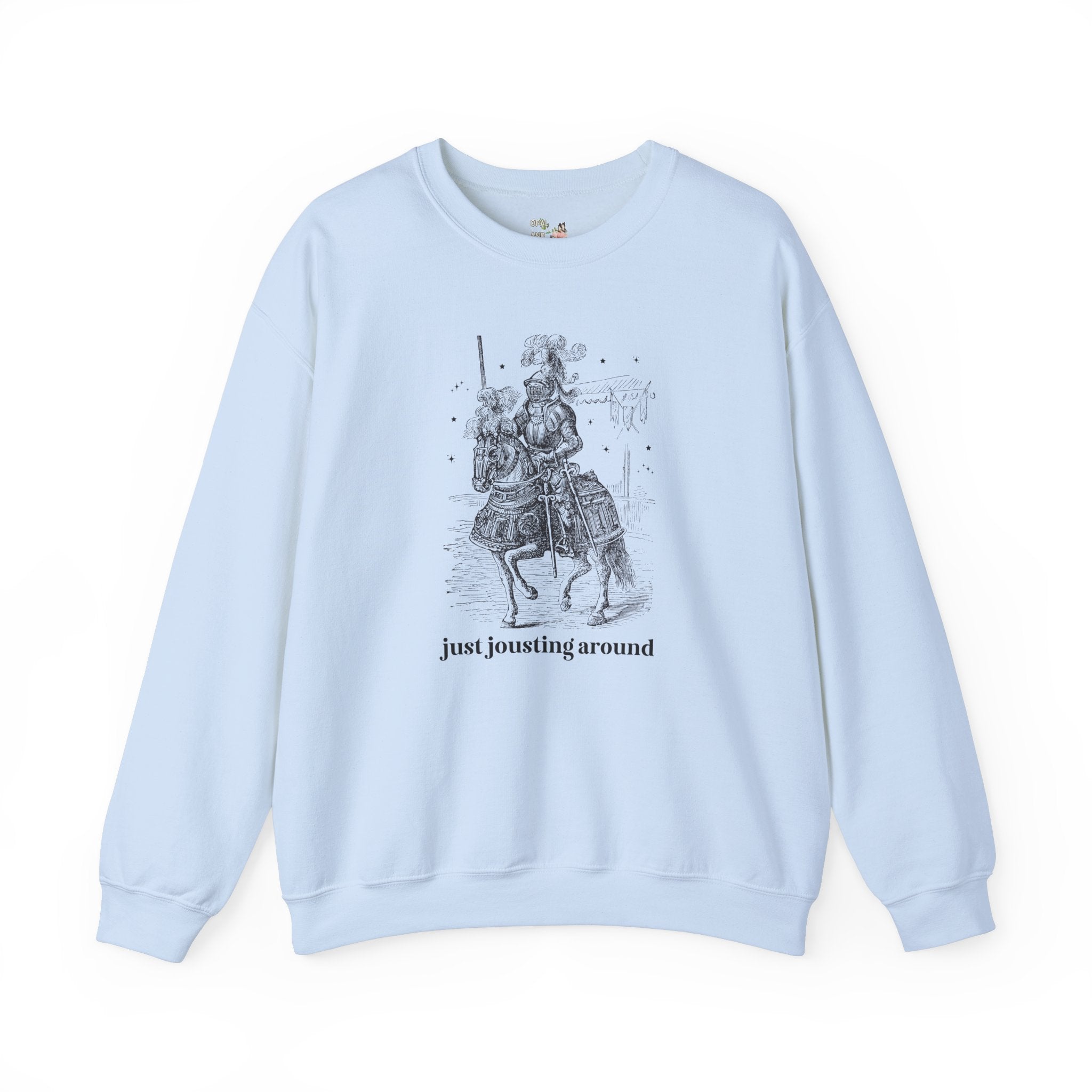 Medieval History Sweatshirt with Funny Saying: Just Jousting Around, Silly Goblincore Shirt with Stars and a Knight in Armor, History Gift - Opal and June