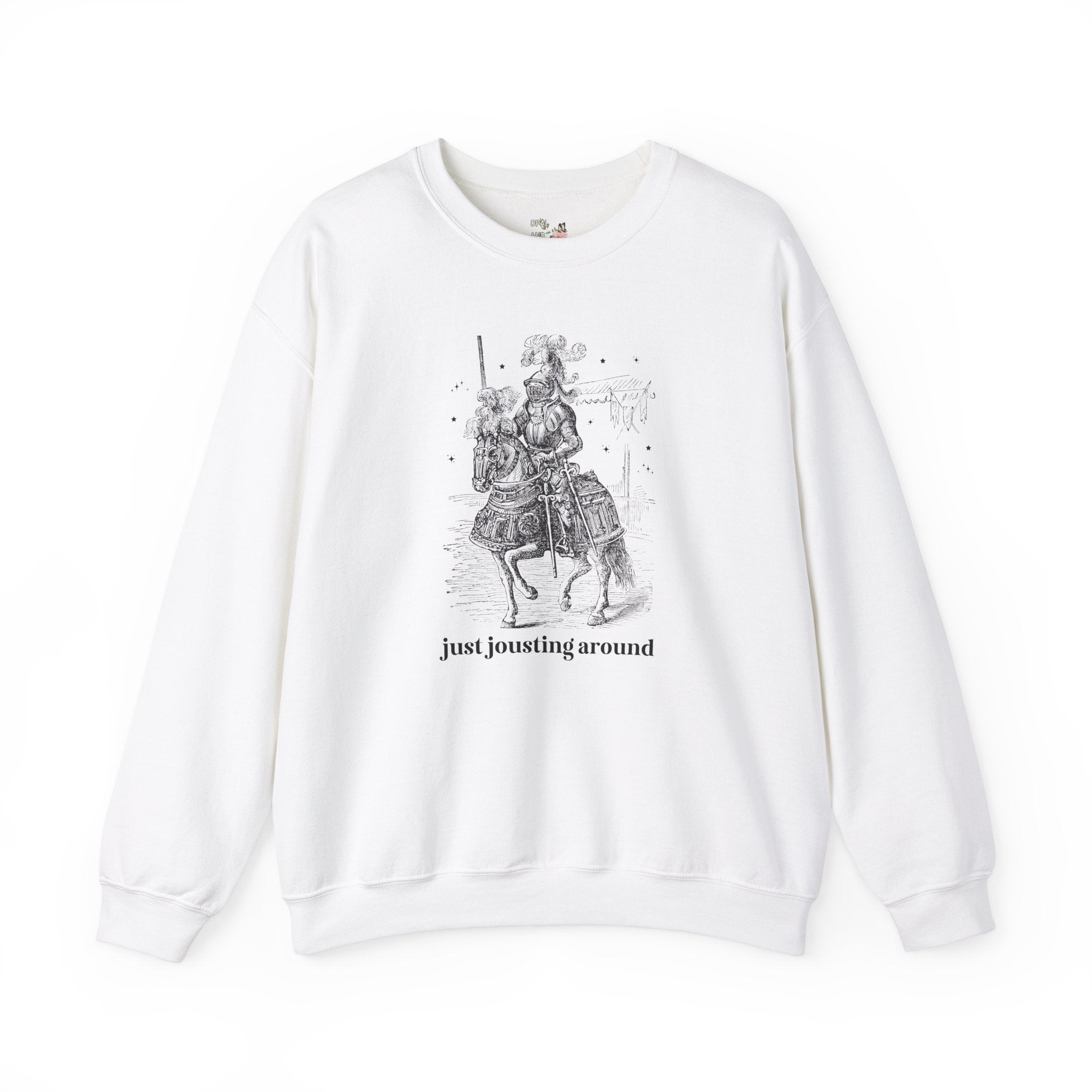Medieval History Sweatshirt with Funny Saying: Just Jousting Around, Silly Goblincore Shirt with Stars and a Knight in Armor, History Gift - Opal and June