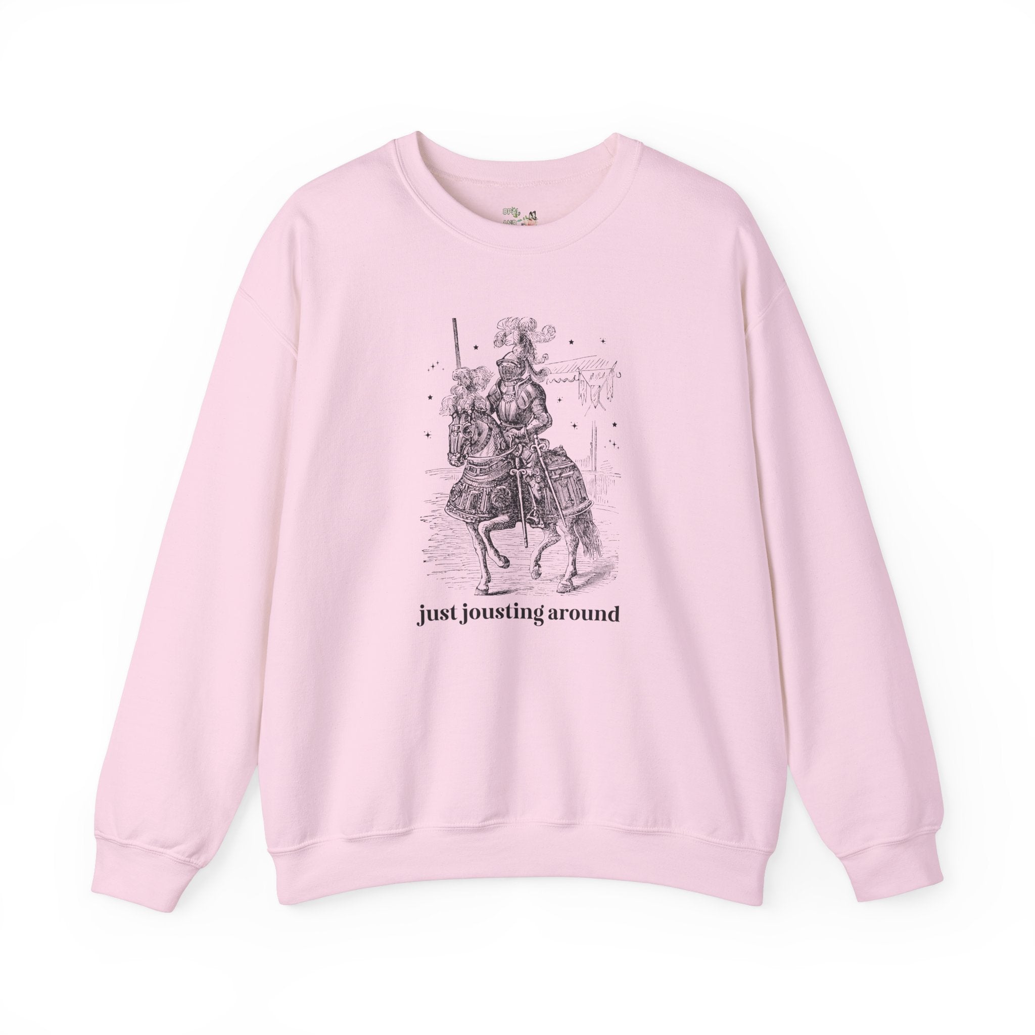 Medieval History Sweatshirt with Funny Saying: Just Jousting Around, Silly Goblincore Shirt with Stars and a Knight in Armor, History Gift - Opal and June