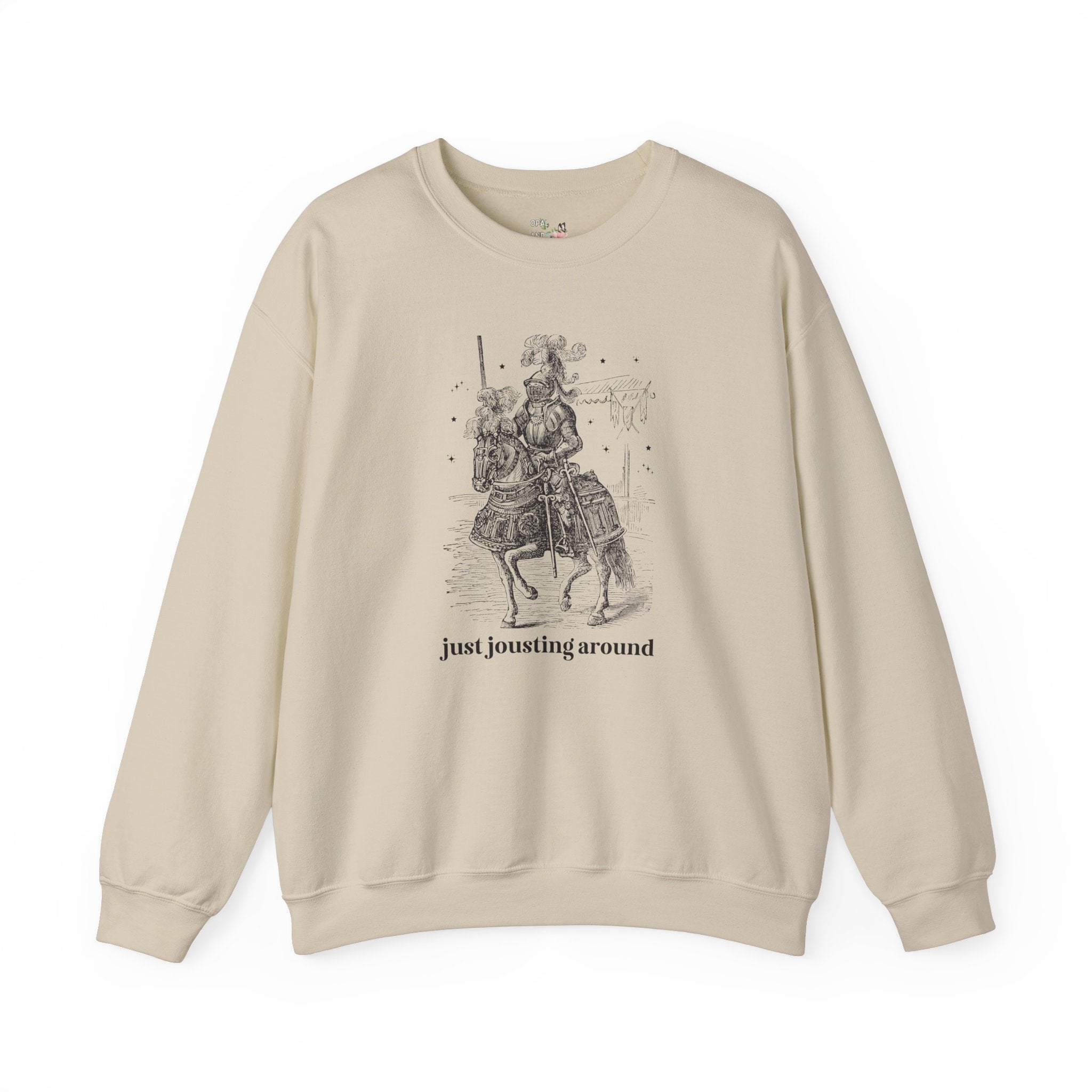 Medieval History Sweatshirt with Funny Saying: Just Jousting Around, Silly Goblincore Shirt with Stars and a Knight in Armor, History Gift - Opal and June