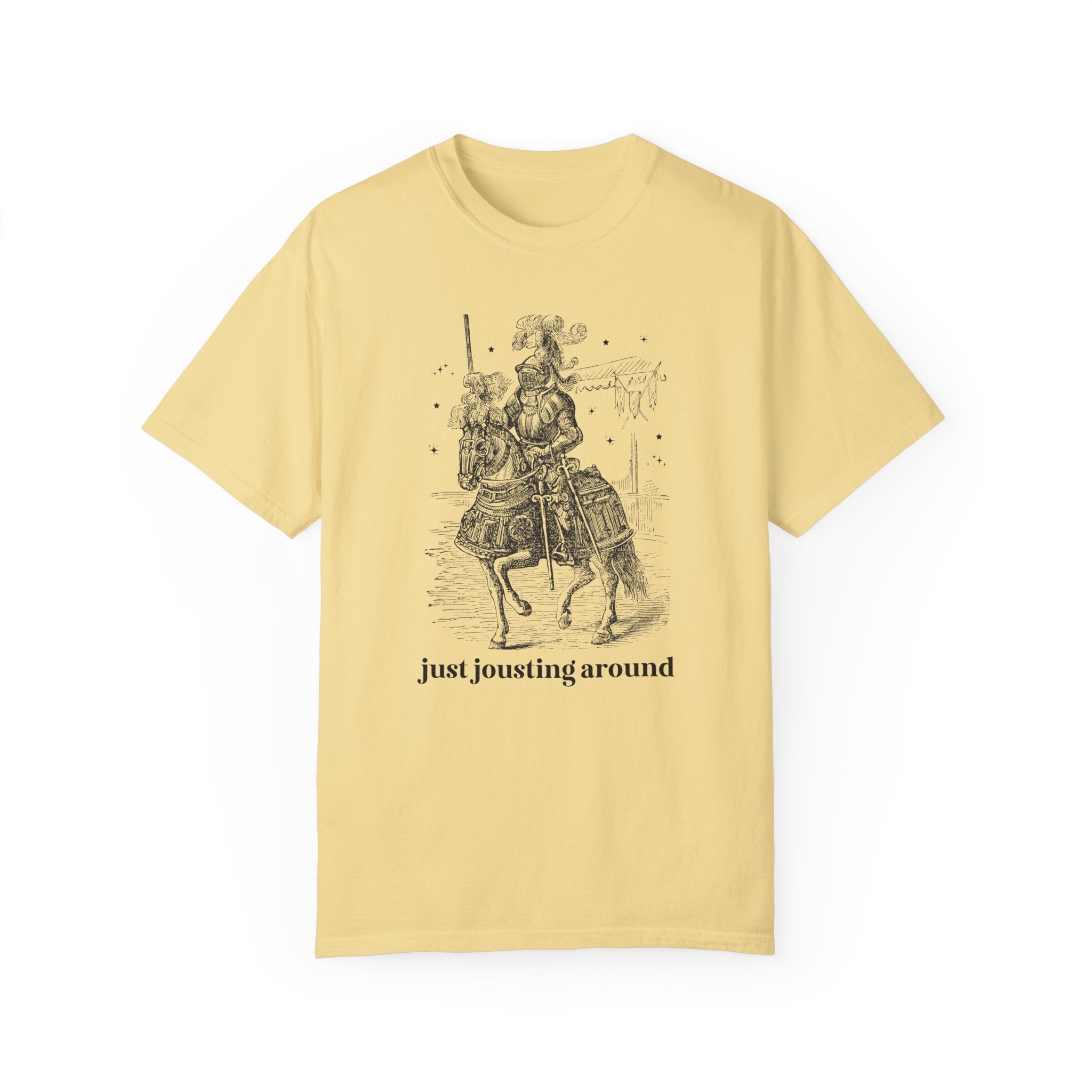 Medieval History Tee Shirt with Funny Saying: Just Jousting Around, Silly Goblincore T-Shirt with Stars and a Knight in Armor, History Gift - Opal and June