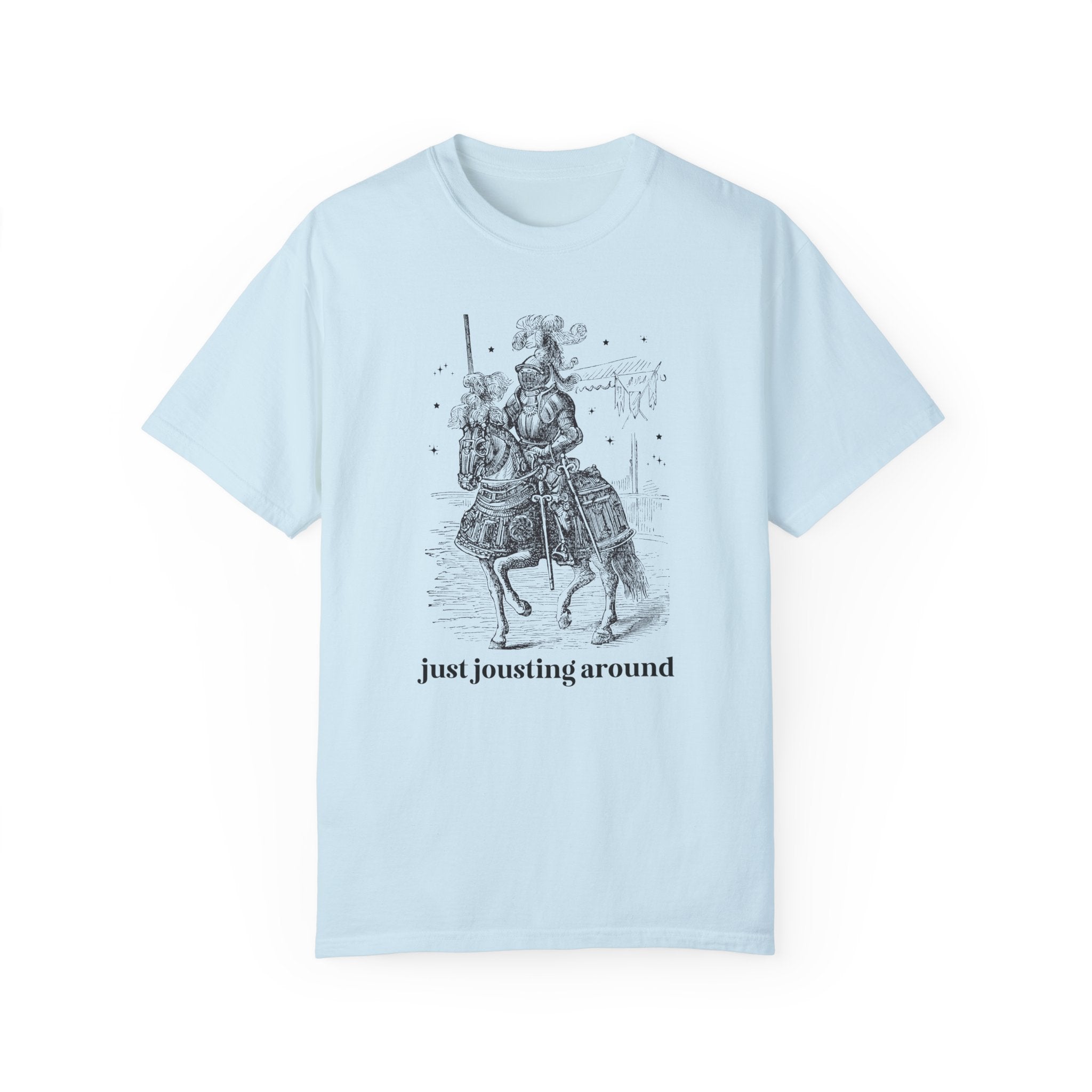 Medieval History Tee Shirt with Funny Saying: Just Jousting Around, Silly Goblincore T-Shirt with Stars and a Knight in Armor, History Gift - Opal and June