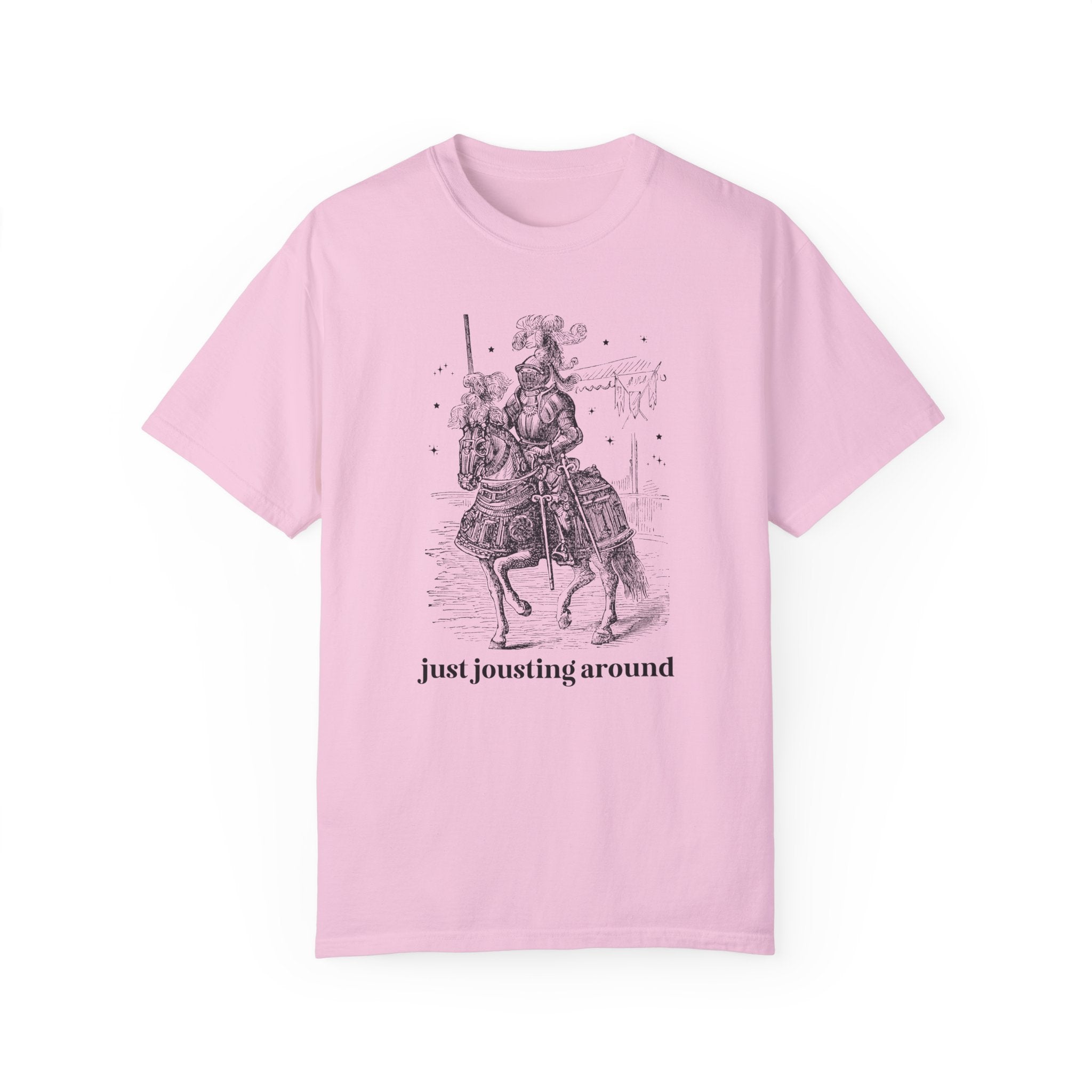 Medieval History Tee Shirt with Funny Saying: Just Jousting Around, Silly Goblincore T-Shirt with Stars and a Knight in Armor, History Gift - Opal and June