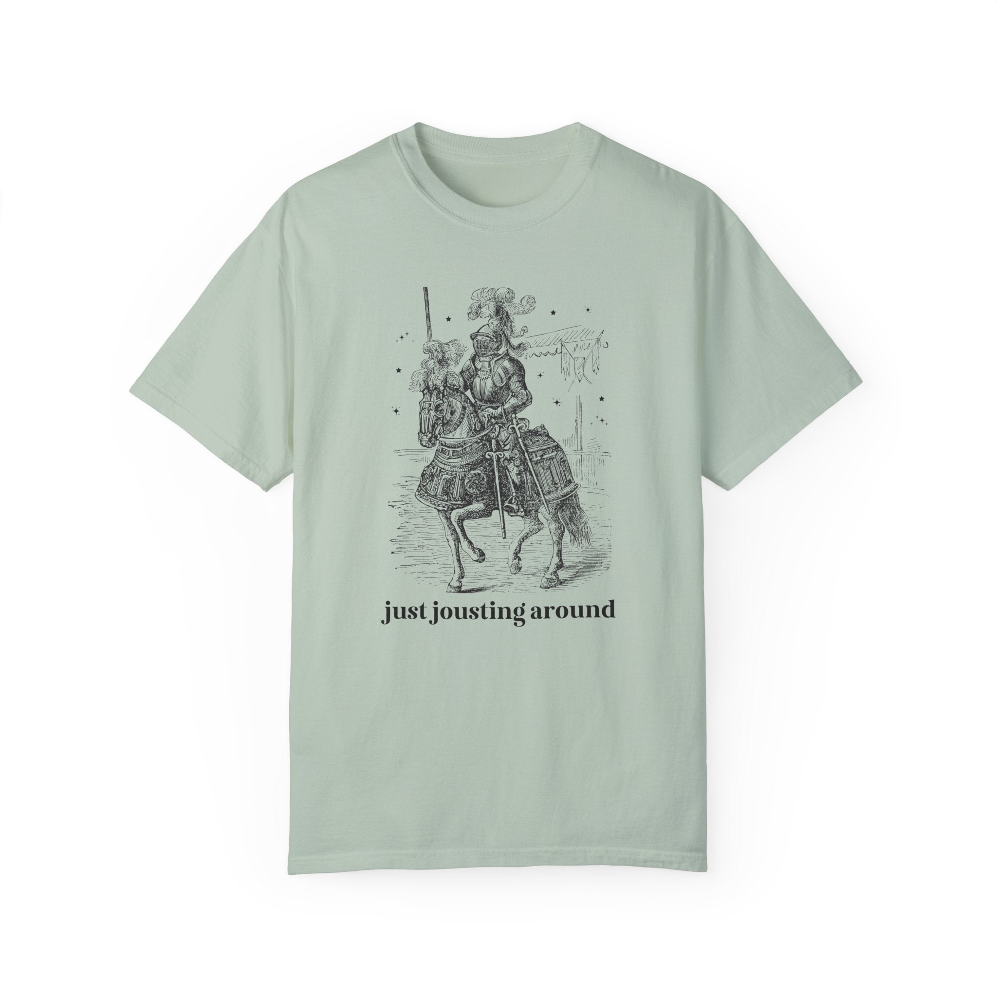 Medieval History Tee Shirt with Funny Saying: Just Jousting Around, Silly Goblincore T-Shirt with Stars and a Knight in Armor, History Gift - Opal and June