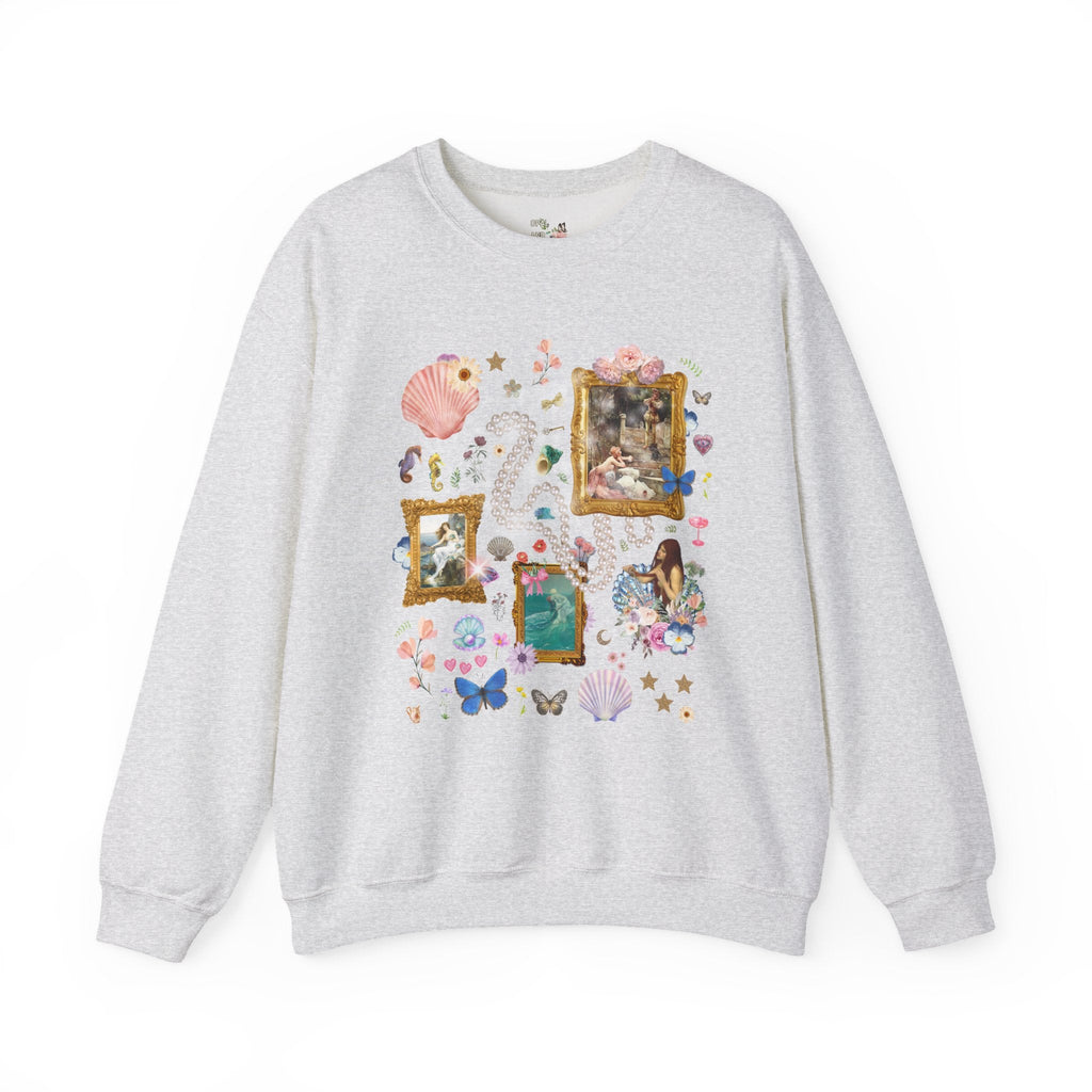 Mermaid Goblincore Sweatshirt with Famous Paintings and Flowers, Colorful Maximalist Vintage Aesthetic Shirt, Book Lover, Pressed Flowers - Opal and June