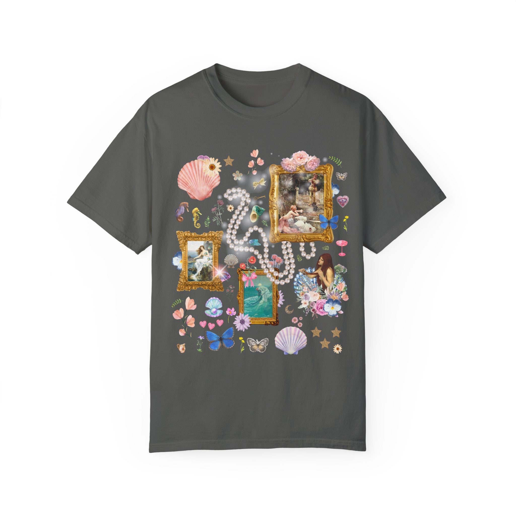 Mermaid Goblincore T-Shirt with Famous Paintings and Flowers, Colorful Maximalist Vintage Aesthetic Tee Shirt, Book Lover, Pressed Flowers - Opal and June