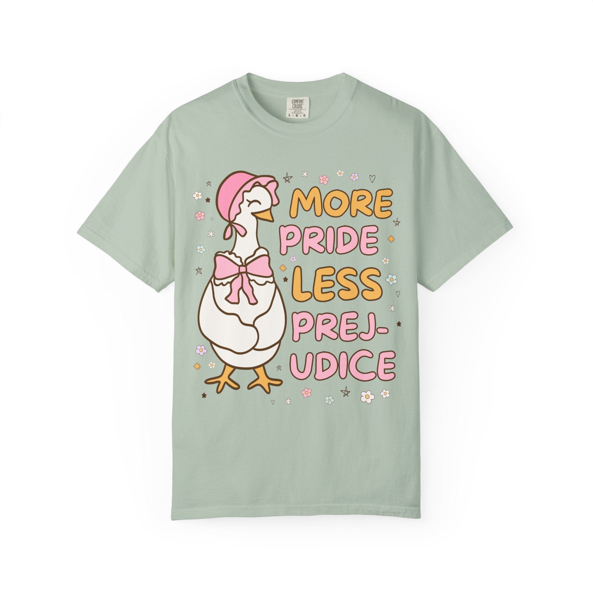 More Pride Less Prejudice: Cute Bookish Pride Month T-Shirt for LGBTQ Ally, Book Lover Gift Idea for Lesbian Who Loves Jane Austen Novels - Opal and June