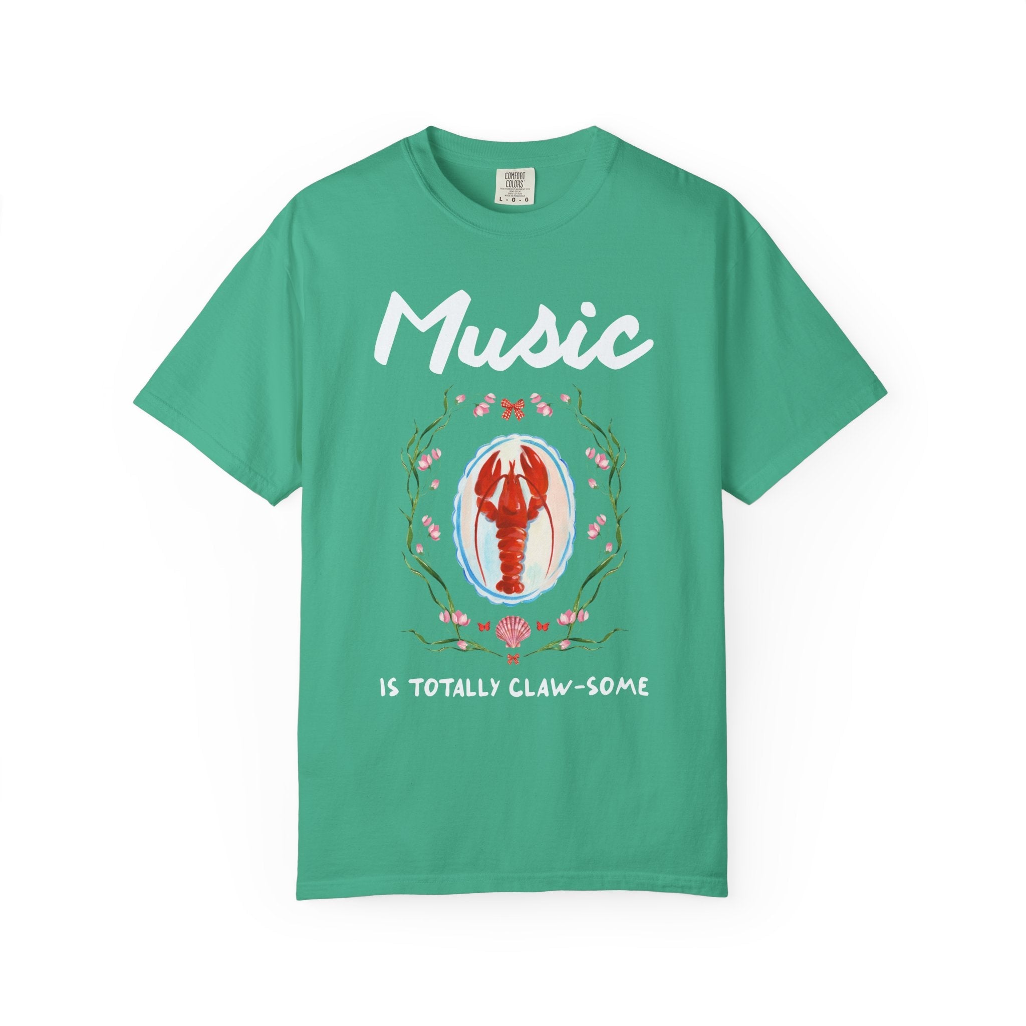 Music is Totally Clawsome: Lobster Teacher Tee Shirt with Flowers, Funny and Colorful Maximalist 90s Aesthetic Back to School T-Shirt - Opal and June