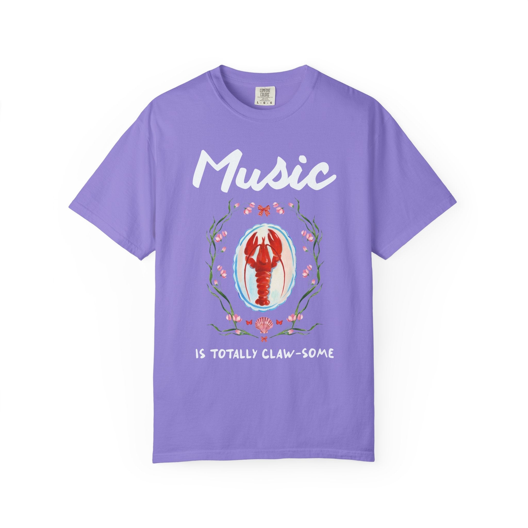 Music is Totally Clawsome: Lobster Teacher Tee Shirt with Flowers, Funny and Colorful Maximalist 90s Aesthetic Back to School T-Shirt - Opal and June