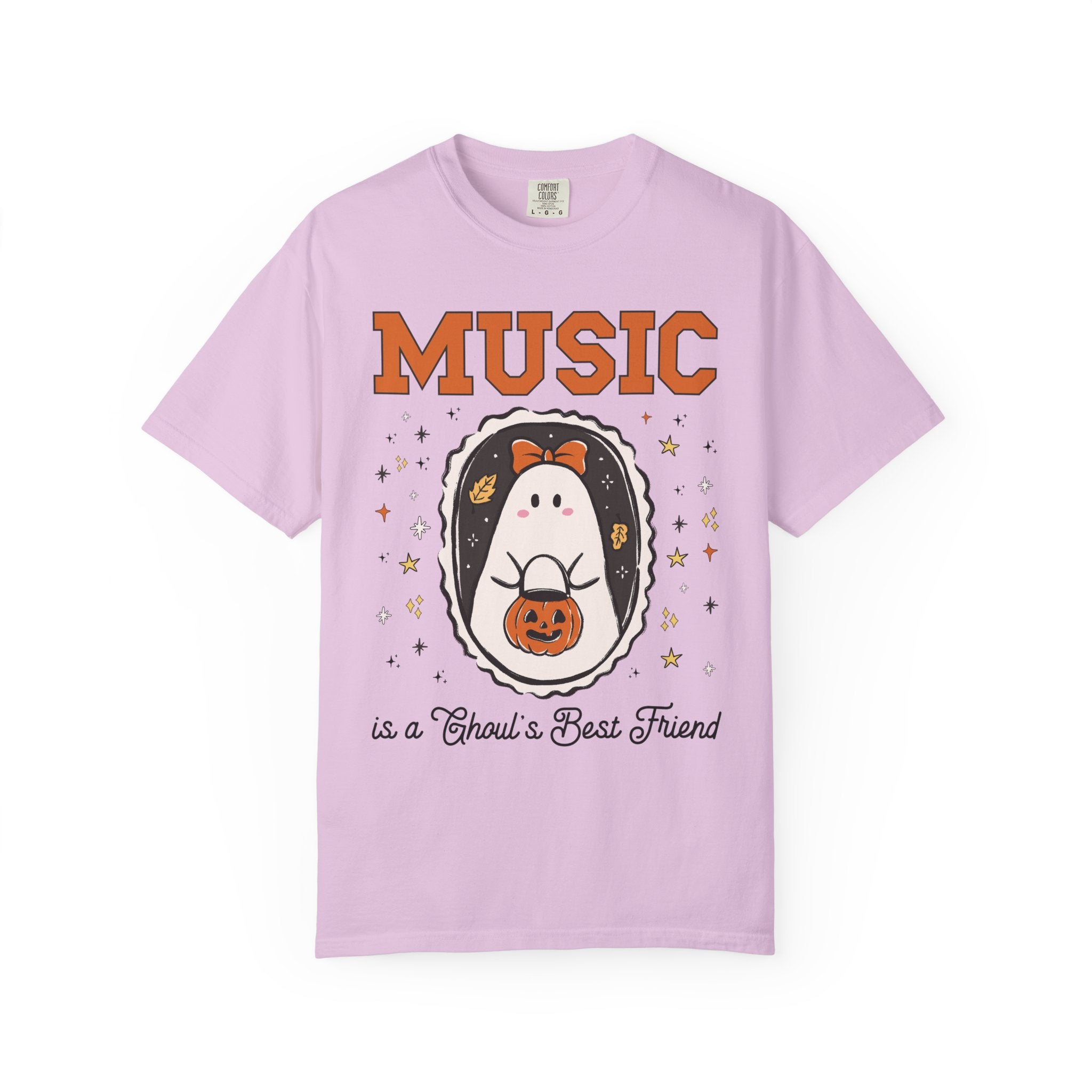 Music Teacher Halloween Tee Shirt with Cute Ghost Wearing a Bow, Funny Saying Music LoverT-Shirt with Stars, Halloween Band Director Gift - Opal and June
