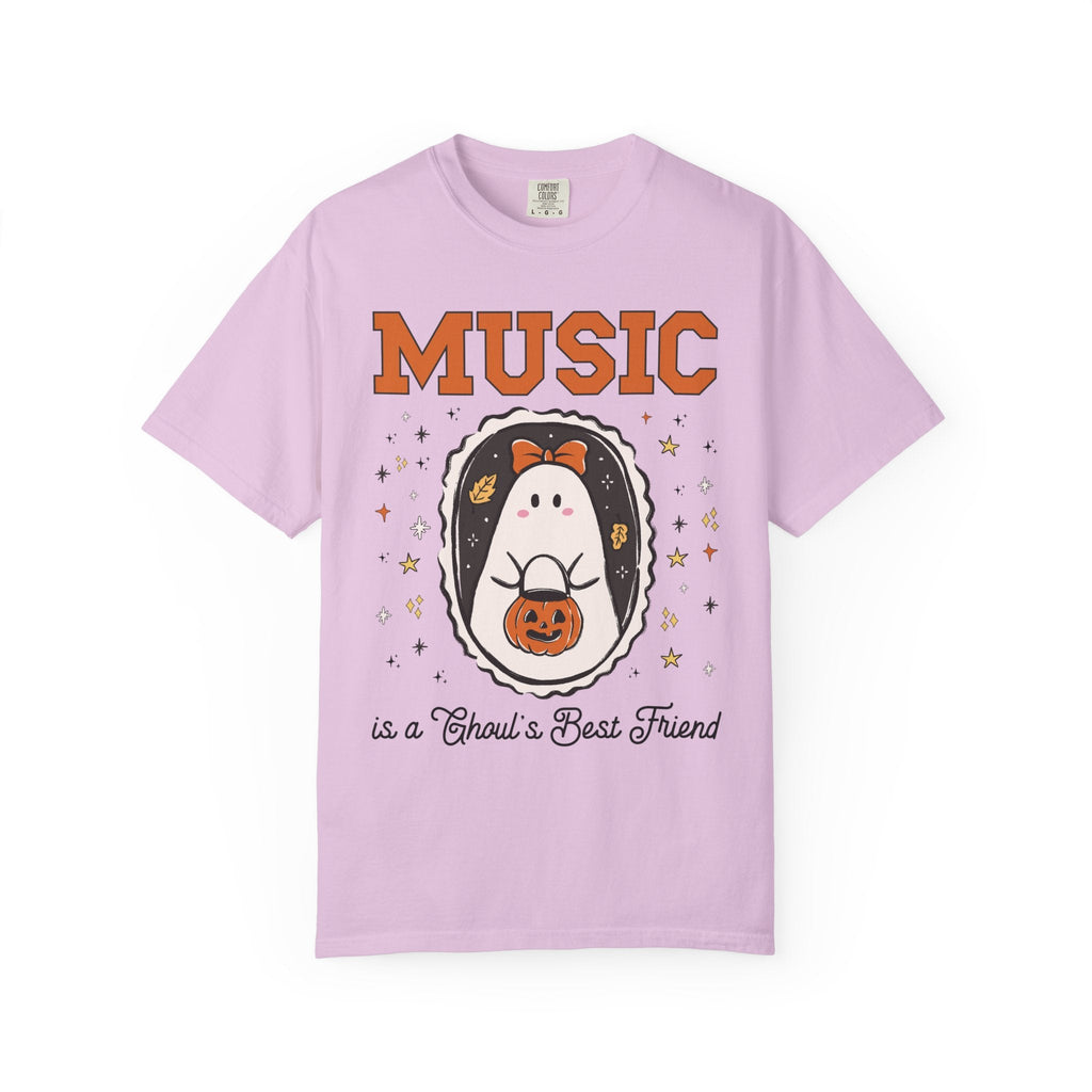 Music Teacher Halloween Tee Shirt with Cute Ghost Wearing a Bow, Funny Saying Music LoverT-Shirt with Stars, Halloween Band Director Gift - Opal and June