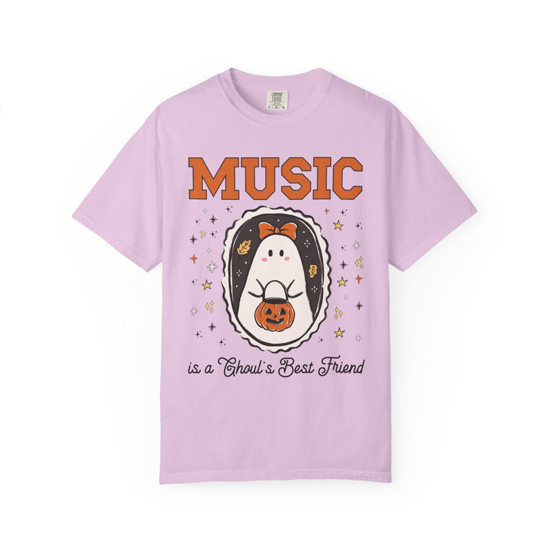 Music Teacher Halloween Tee Shirt with Cute Ghost Wearing a Bow, Funny Saying Music LoverT-Shirt with Stars, Halloween Band Director Gift - Opal and June