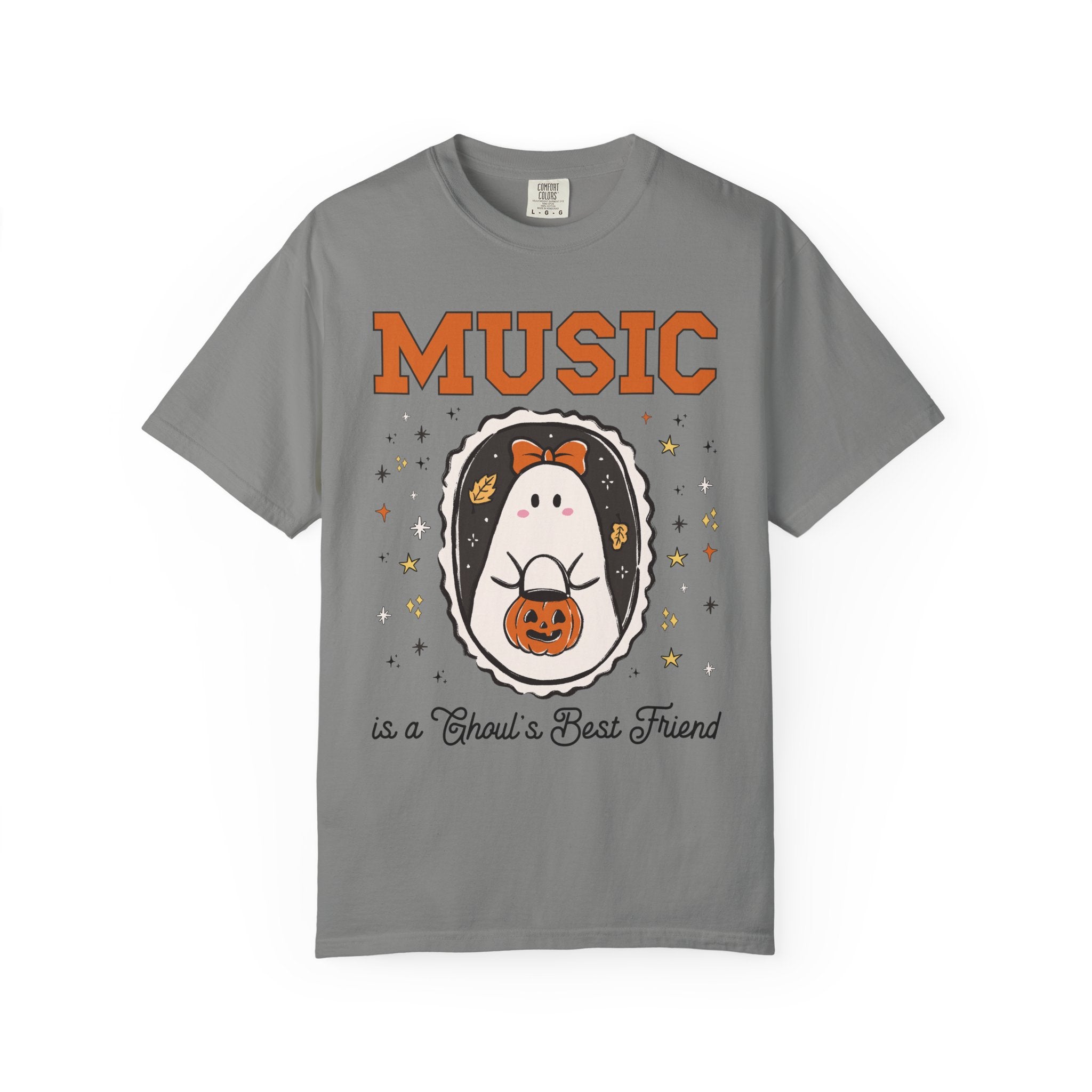 Music Teacher Halloween Tee Shirt with Cute Ghost Wearing a Bow, Funny Saying Music LoverT-Shirt with Stars, Halloween Band Director Gift - Opal and June