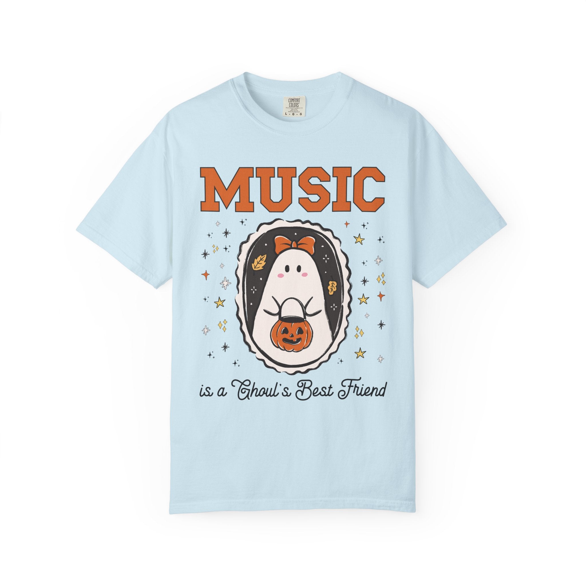 Music Teacher Halloween Tee Shirt with Cute Ghost Wearing a Bow, Funny Saying Music LoverT-Shirt with Stars, Halloween Band Director Gift - Opal and June