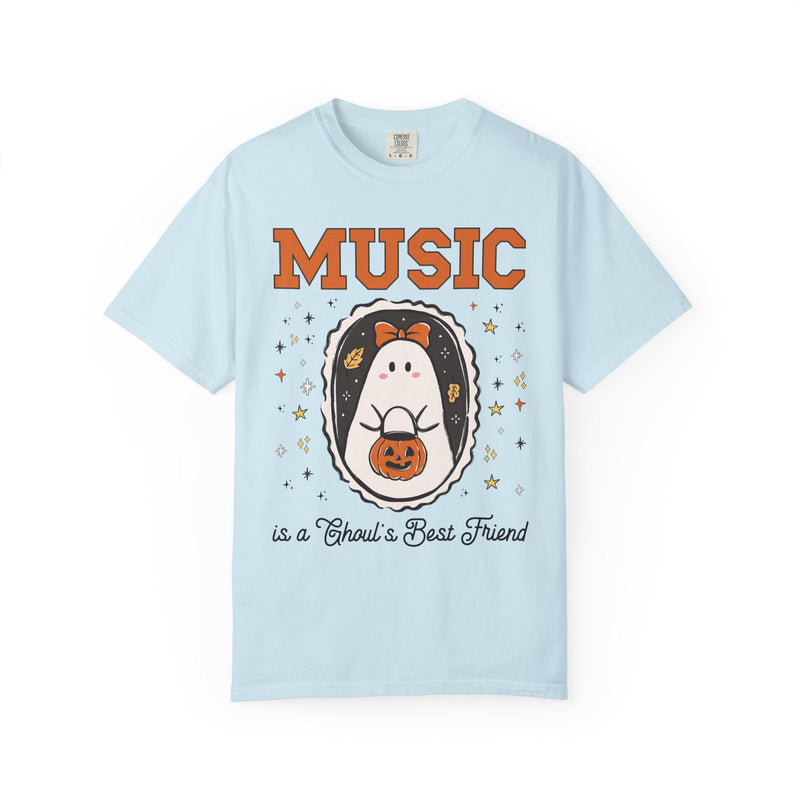 Music Teacher Halloween Tee Shirt with Cute Ghost Wearing a Bow, Funny Saying Music LoverT-Shirt with Stars, Halloween Band Director Gift - Opal and June