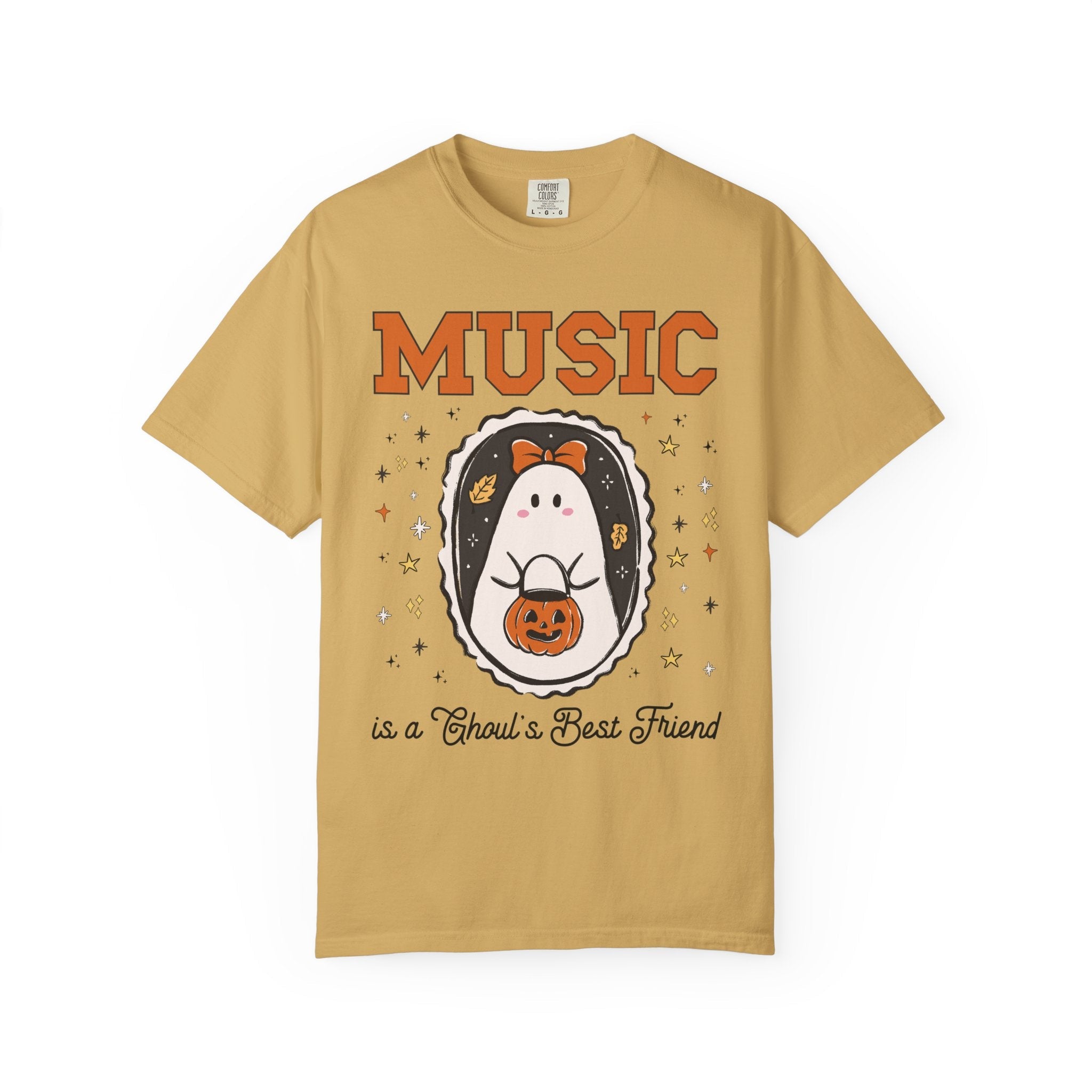 Music Teacher Halloween Tee Shirt with Cute Ghost Wearing a Bow, Funny Saying Music LoverT-Shirt with Stars, Halloween Band Director Gift - Opal and June