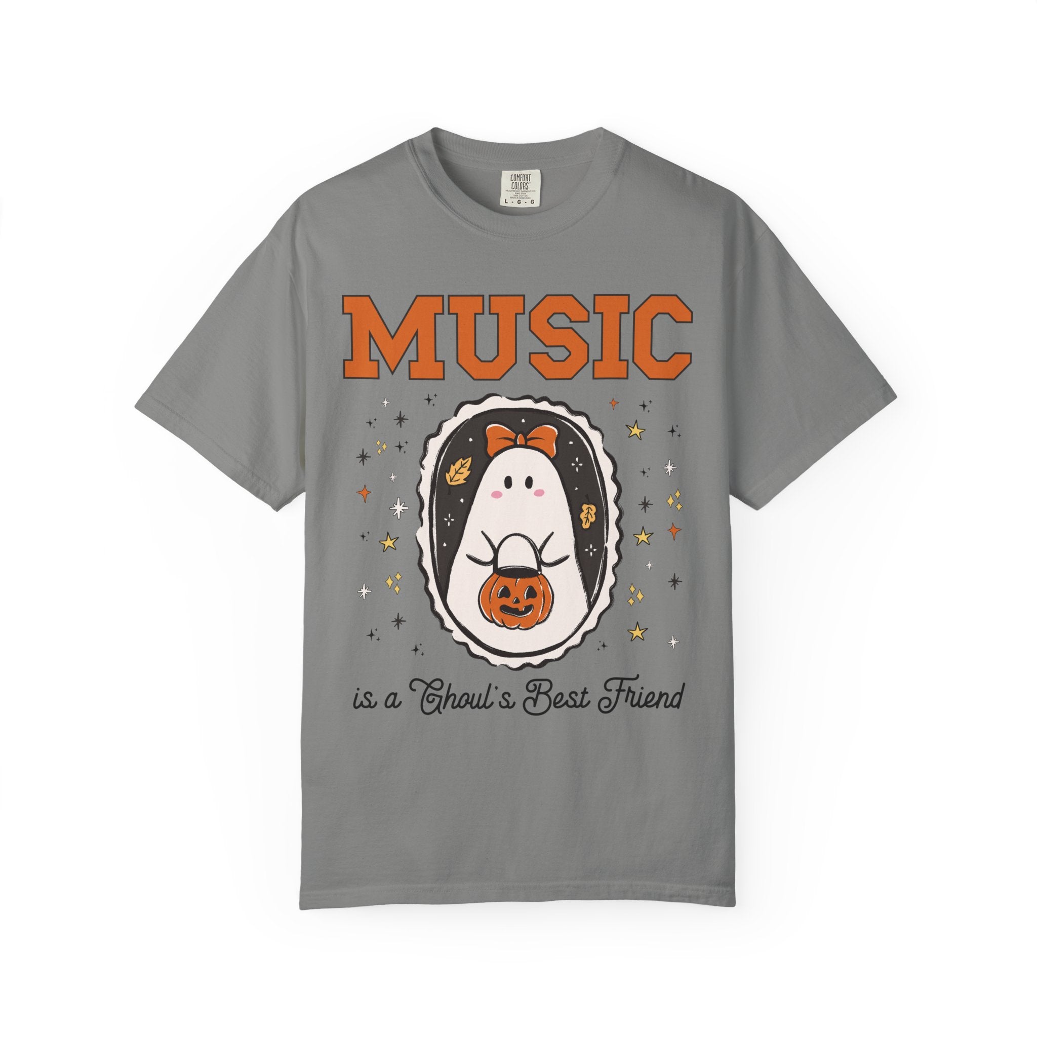 Music Teacher Halloween Tee Shirt with Stars, Cute Ghost Lover Halloween Tee for Music Department, Funny Band Director or Choir Director Tee - Opal and June